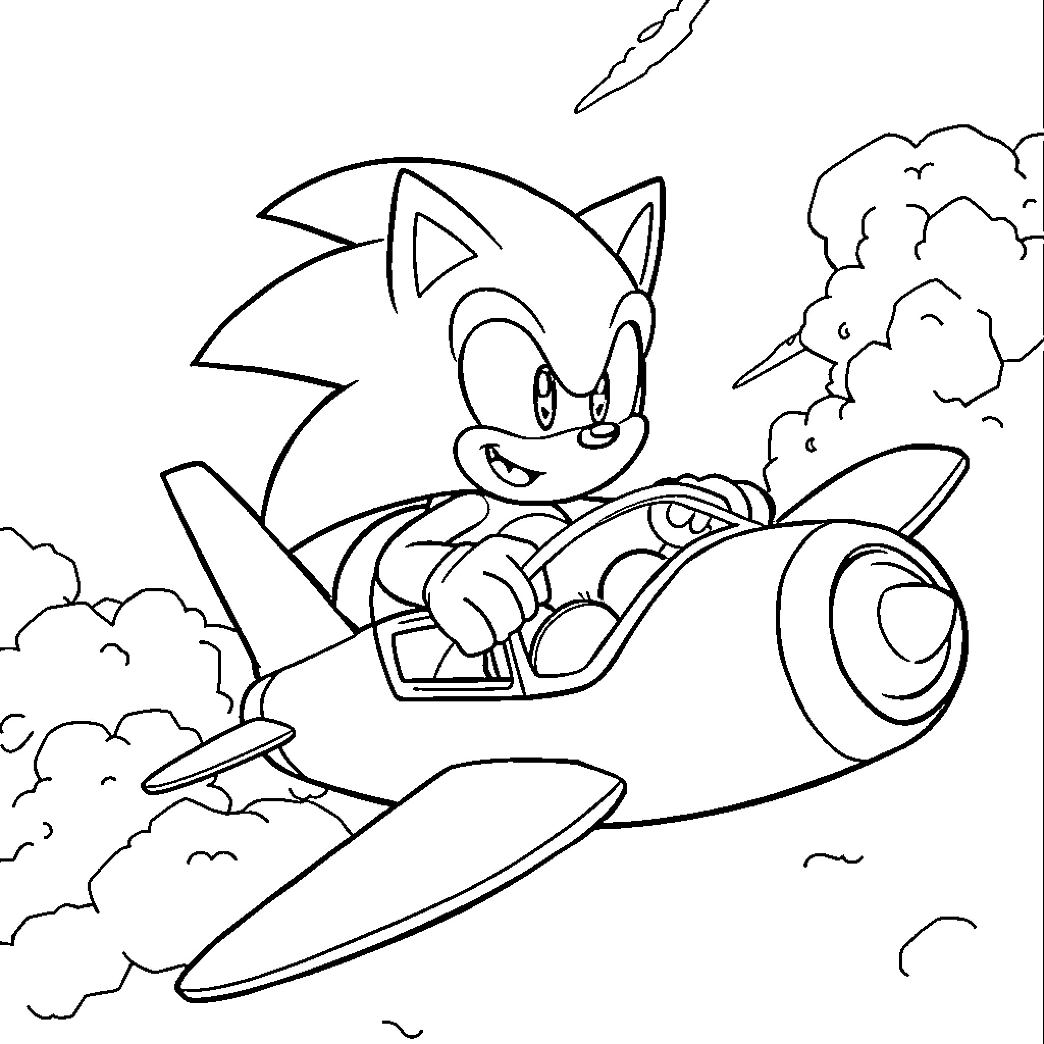 Sonic speeding through the sky in a plane Coloring Page (free black-and-white line drawing printable PDF for all, from beginners to advanced learners, including children, teens, adults, and seniors)
