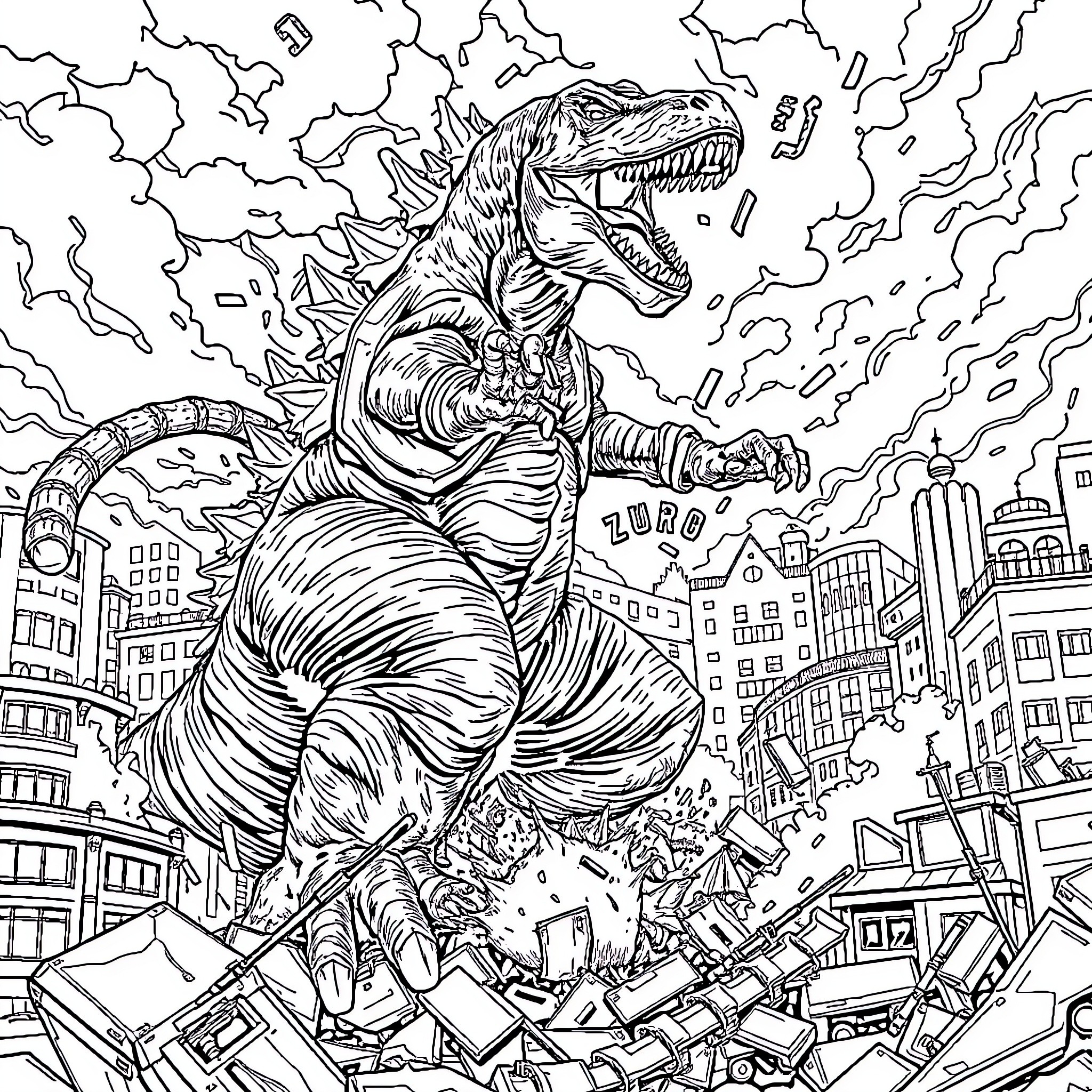 Indominus Rex Rampaging Through the City Coloring Page (free black-and-white line drawing printable PDF for all, from beginners to advanced learners, including children, teens, adults, and seniors)