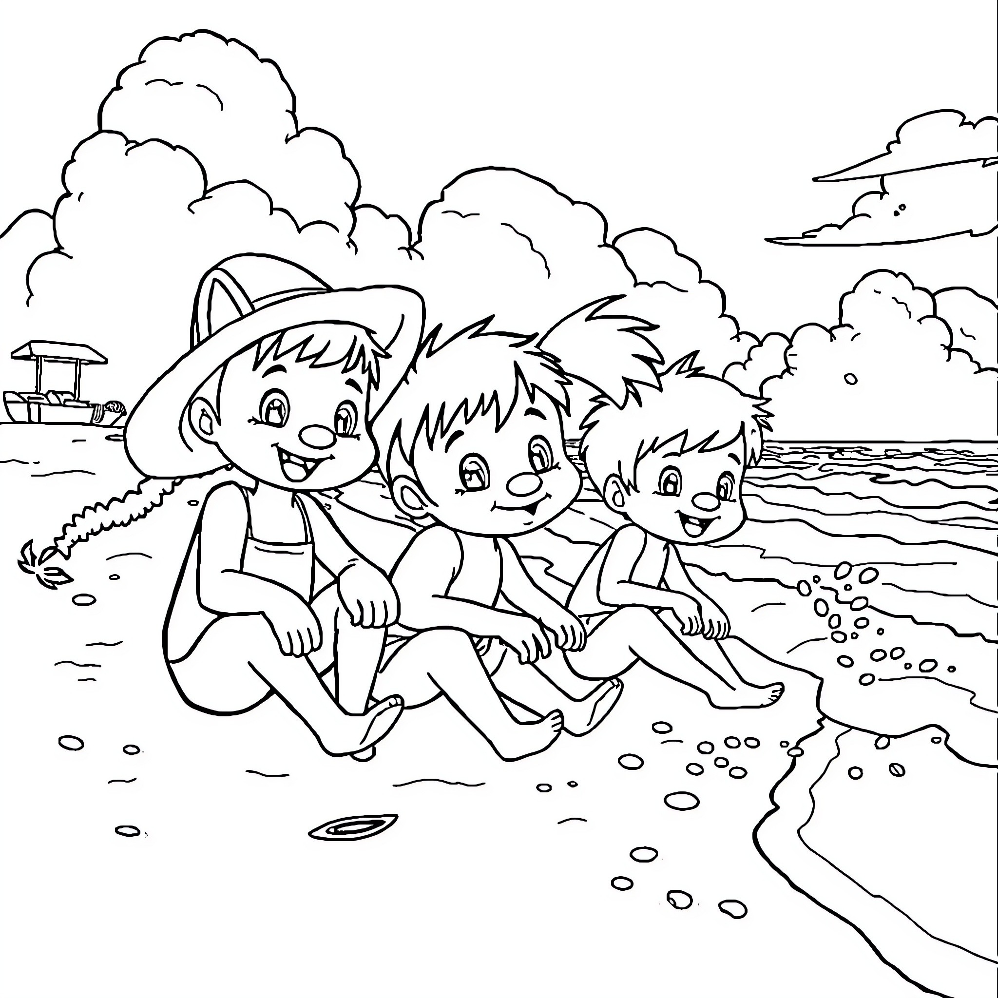 Stray Kids enjoying a day at the beach Coloring Page (free black-and-white line drawing printable PDF for all, from beginners to advanced learners, including children, teens, adults, and seniors)