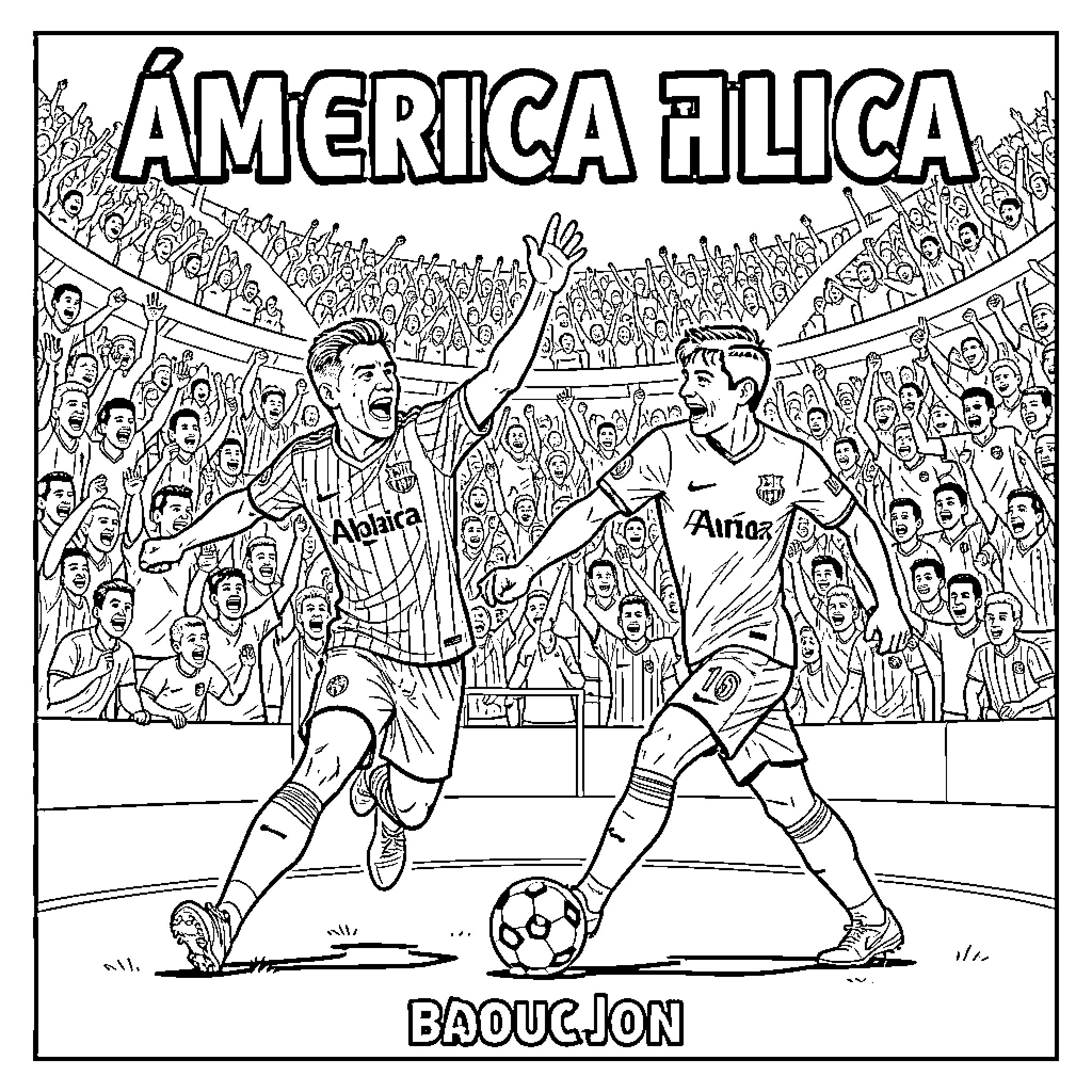 America vs Barcelona soccer players celebrating a goal Coloring Page (free black-and-white line drawing printable PDF for all, from beginners to advanced learners, including children, teens, adults, and seniors)