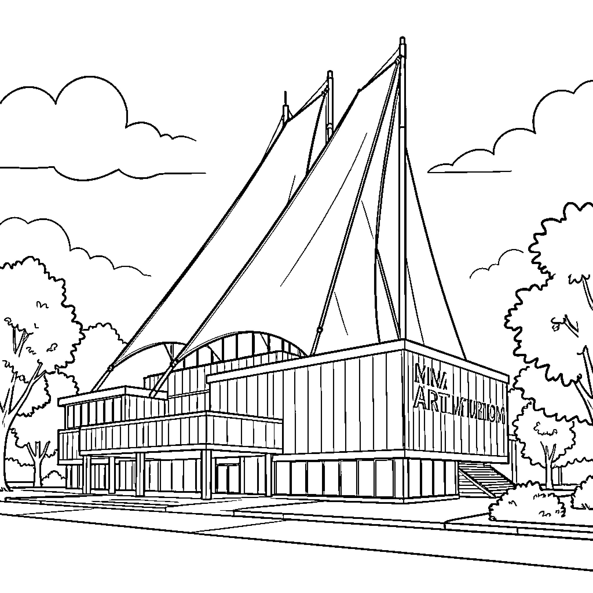 Milwaukee Art Museum building standing amidst trees and clouds Coloring Page (free black-and-white line drawing printable PDF for all, from beginners to advanced learners, including children, teens, adults, and seniors)
