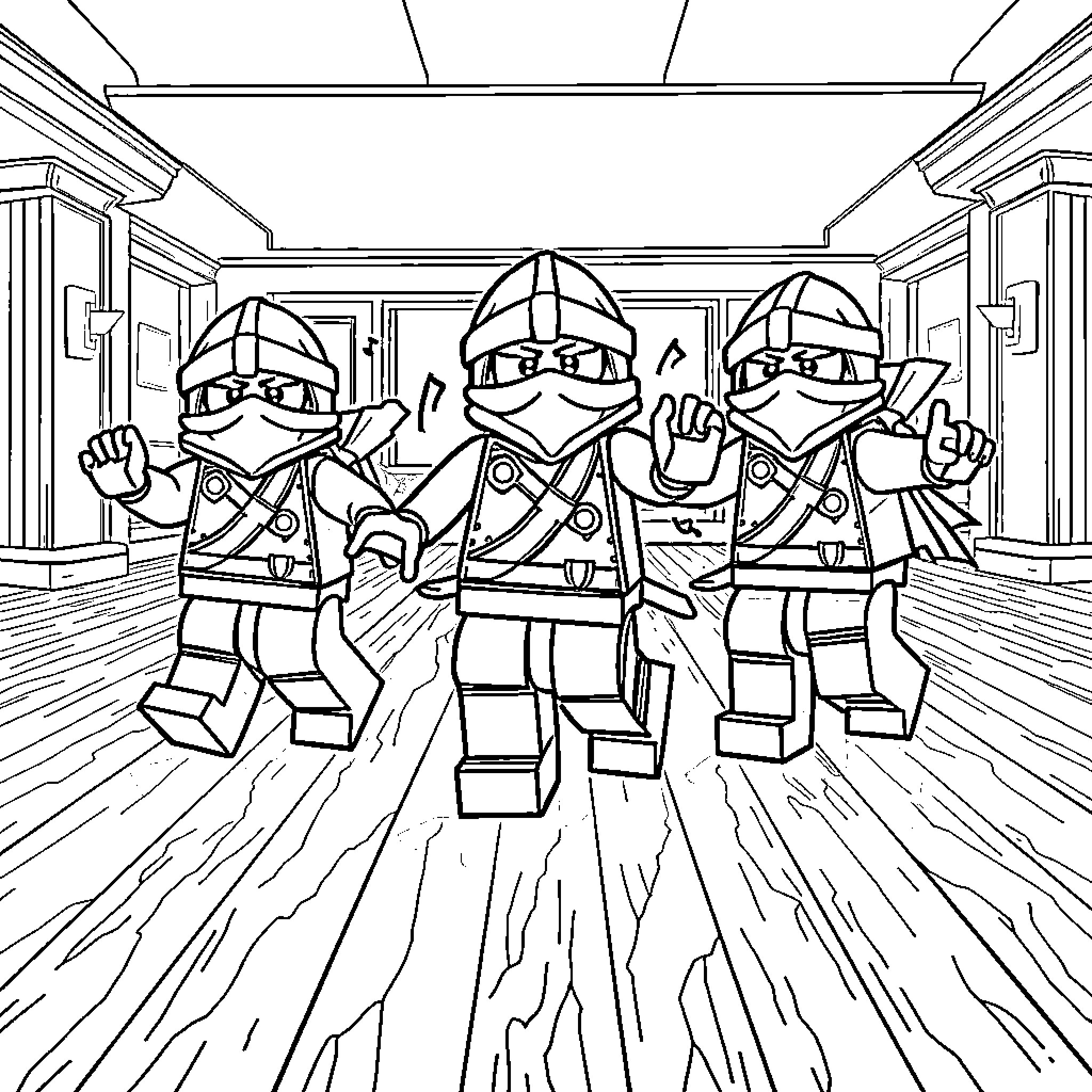 Ninjago warriors in action-ready pose Coloring Page (free black-and-white line drawing printable PDF for all, from beginners to advanced learners, including children, teens, adults, and seniors)