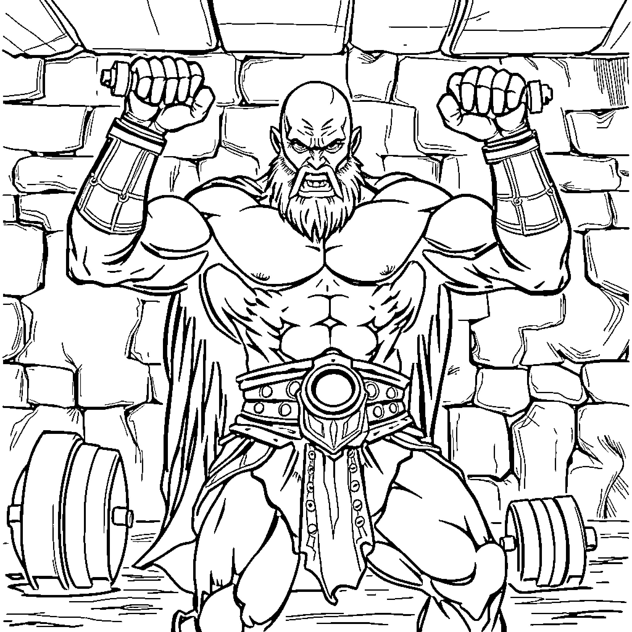 God of War - Muscular Warrior Flexing in Dungeon Coloring Page (free black-and-white line drawing printable PDF for all, from beginners to advanced learners, including children, teens, adults, and seniors)