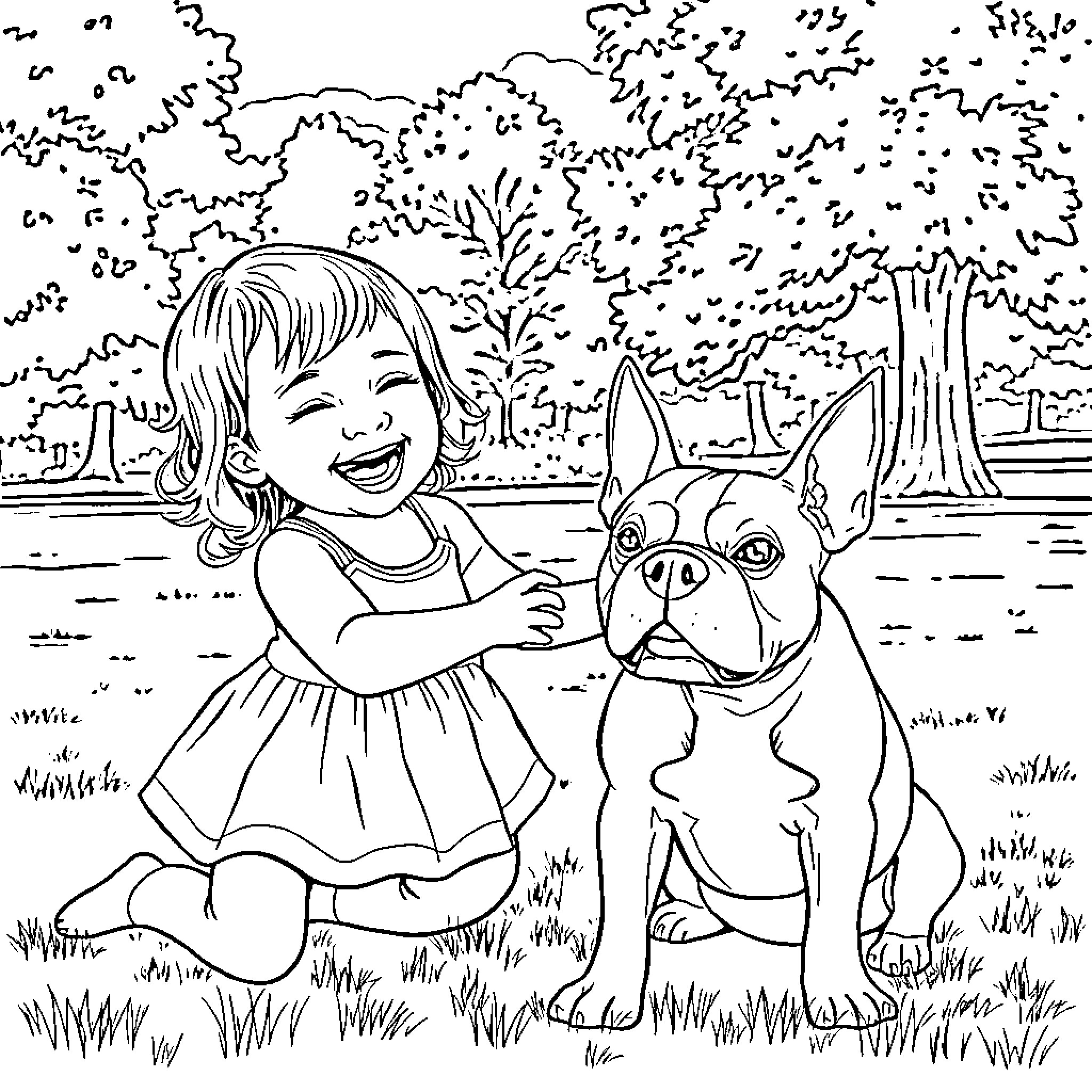 Baby Girl Playing With Her Pet Dog in the Park Coloring Page (free black-and-white line drawing printable PDF for all, from beginners to advanced learners, including children, teens, adults, and seniors)