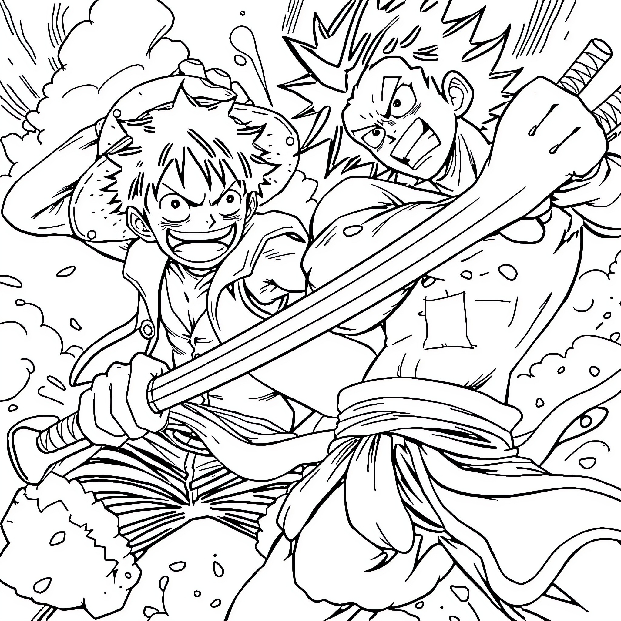 Luffy's Fierce Fight Scene Coloring Page (free black-and-white line drawing printable PDF for all, from beginners to advanced learners, including children, teens, adults, and seniors)