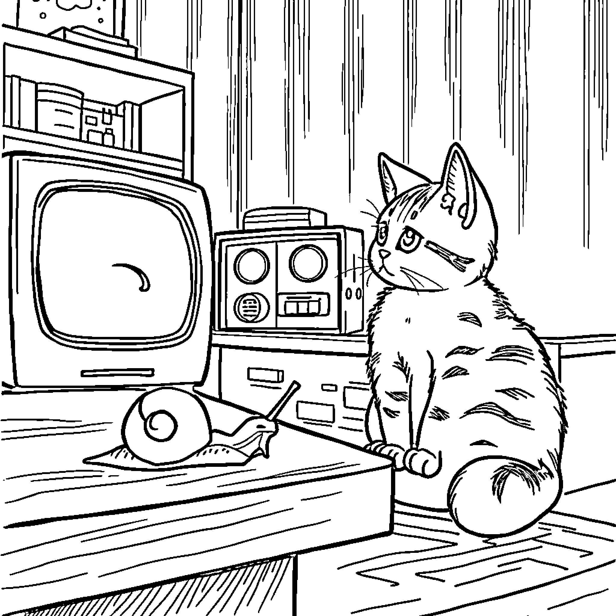 Snail enjoying classic retro electronics and entertainment Coloring Page (free black-and-white line drawing printable PDF for all, from beginners to advanced learners, including children, teens, adults, and seniors)