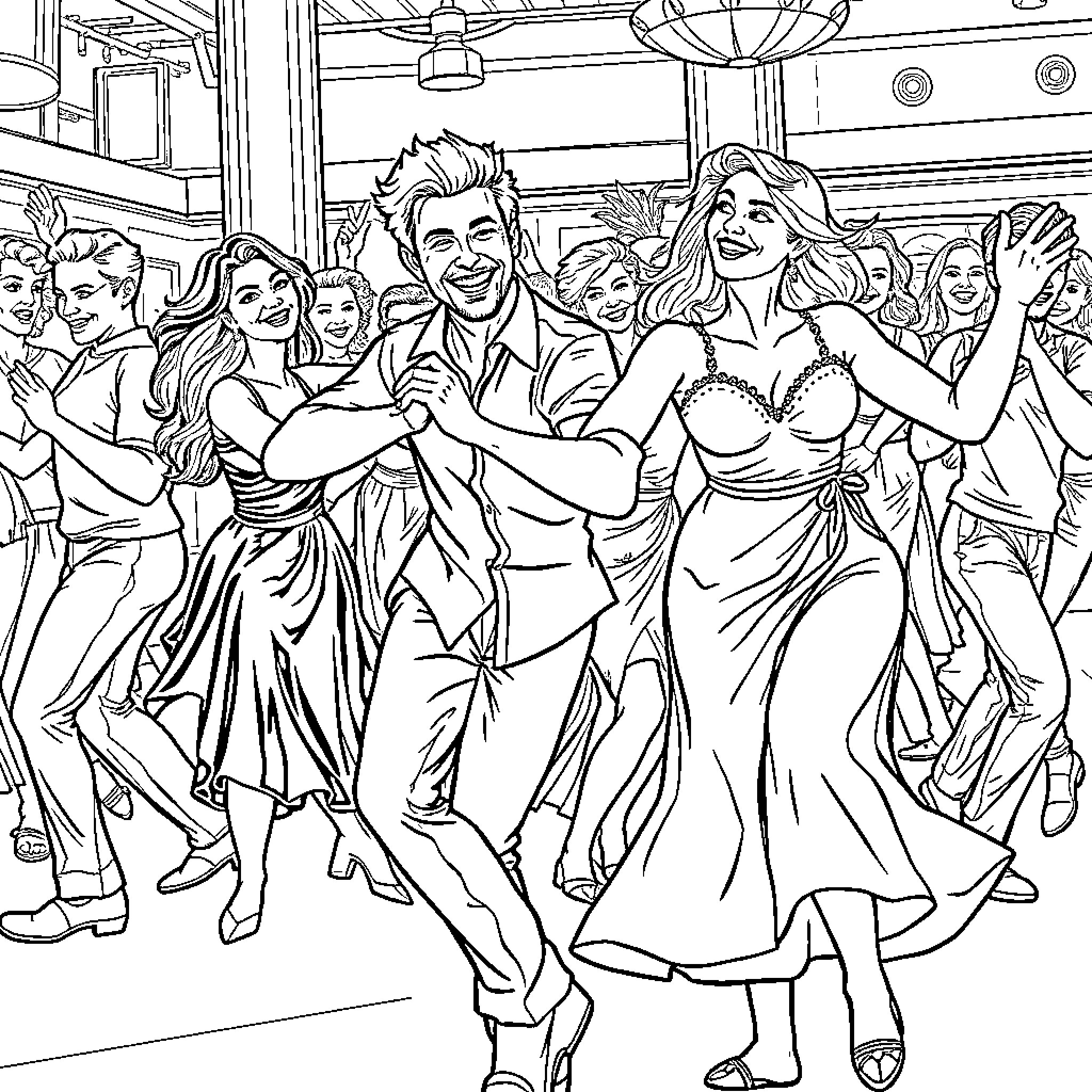 Dancers celebrating at a lively party Coloring Page (free black-and-white line drawing printable PDF for all, from beginners to advanced learners, including children, teens, adults, and seniors)