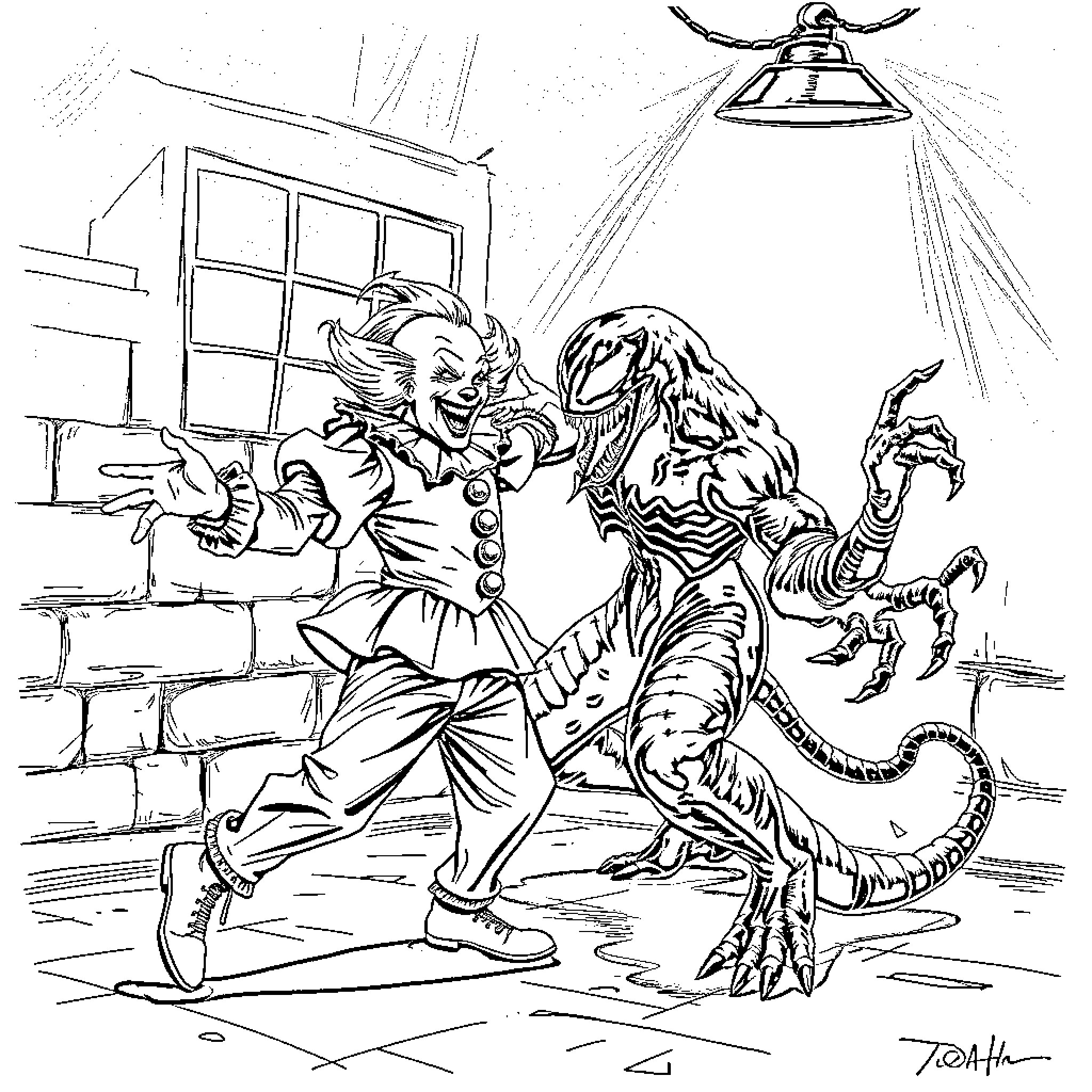 Pennywise the Clown's Sinister Encounter with a Monstrous Creature Coloring Page (free black-and-white line drawing printable PDF for all, from beginners to advanced learners, including children, teens, adults, and seniors)