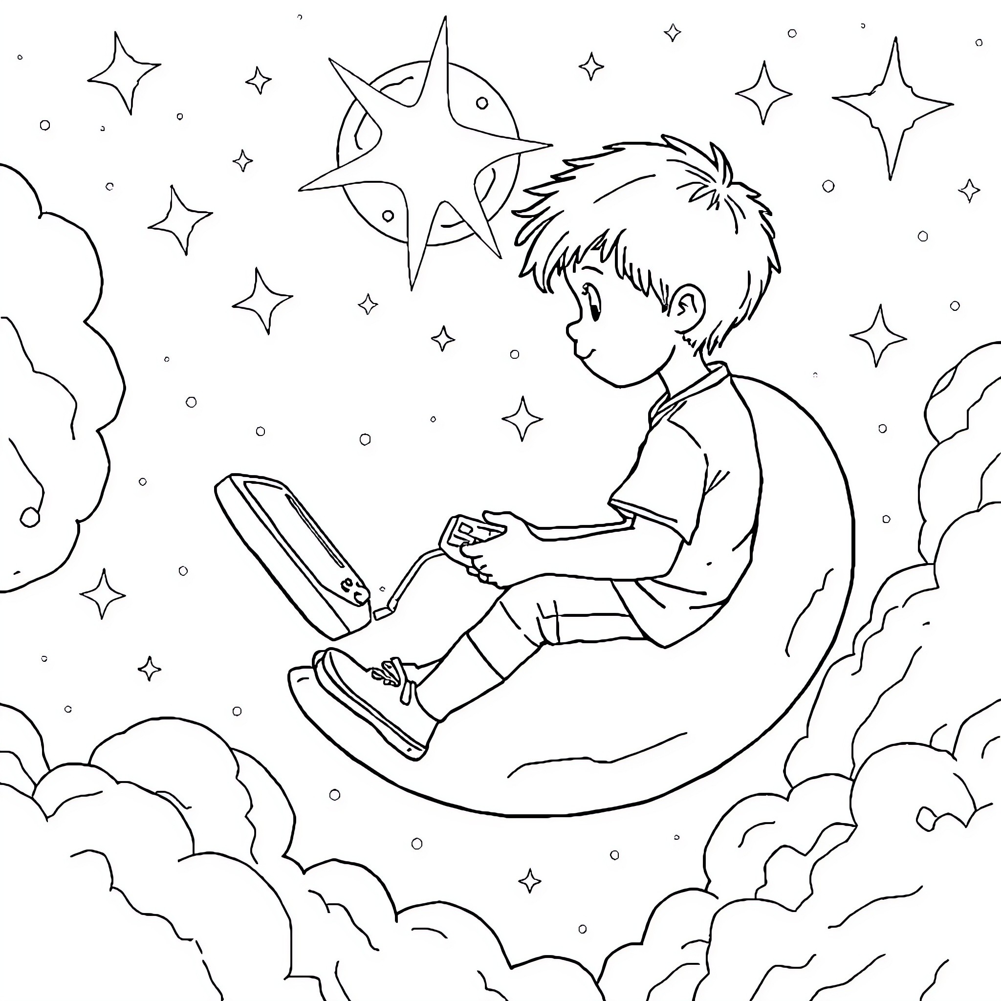 Child daydreaming and imagining in the starry night Coloring Page (free black-and-white line drawing printable PDF for all, from beginners to advanced learners, including children, teens, adults, and seniors)