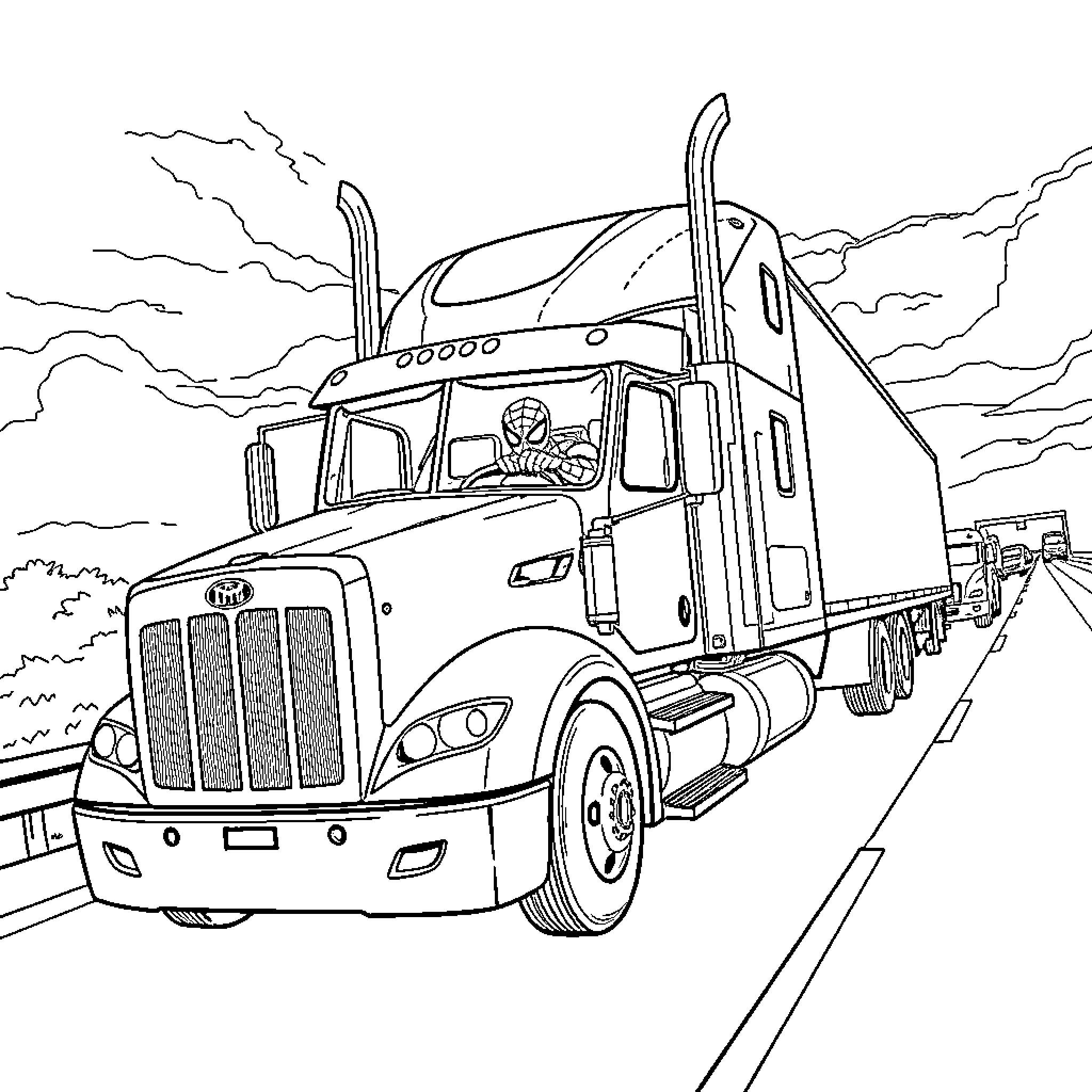 Spiderman driving a large semi-truck on the highway Coloring Page (free black-and-white line drawing printable PDF for all, from beginners to advanced learners, including children, teens, adults, and seniors)