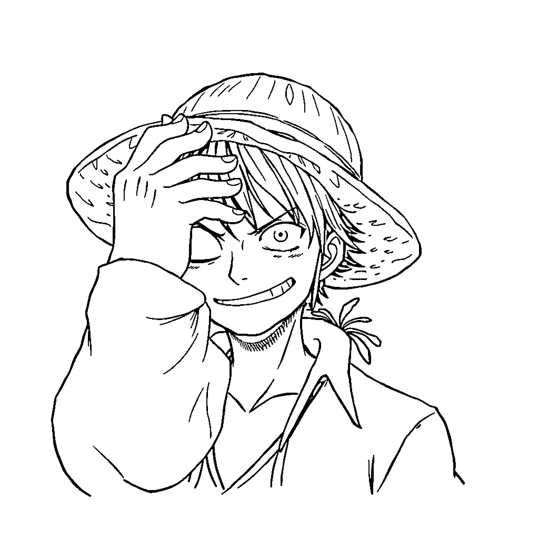 Luffy's Playful Expression and Iconic Straw Hat Coloring Page (free black-and-white line drawing printable PDF for all, from beginners to advanced learners, including children, teens, adults, and seniors)