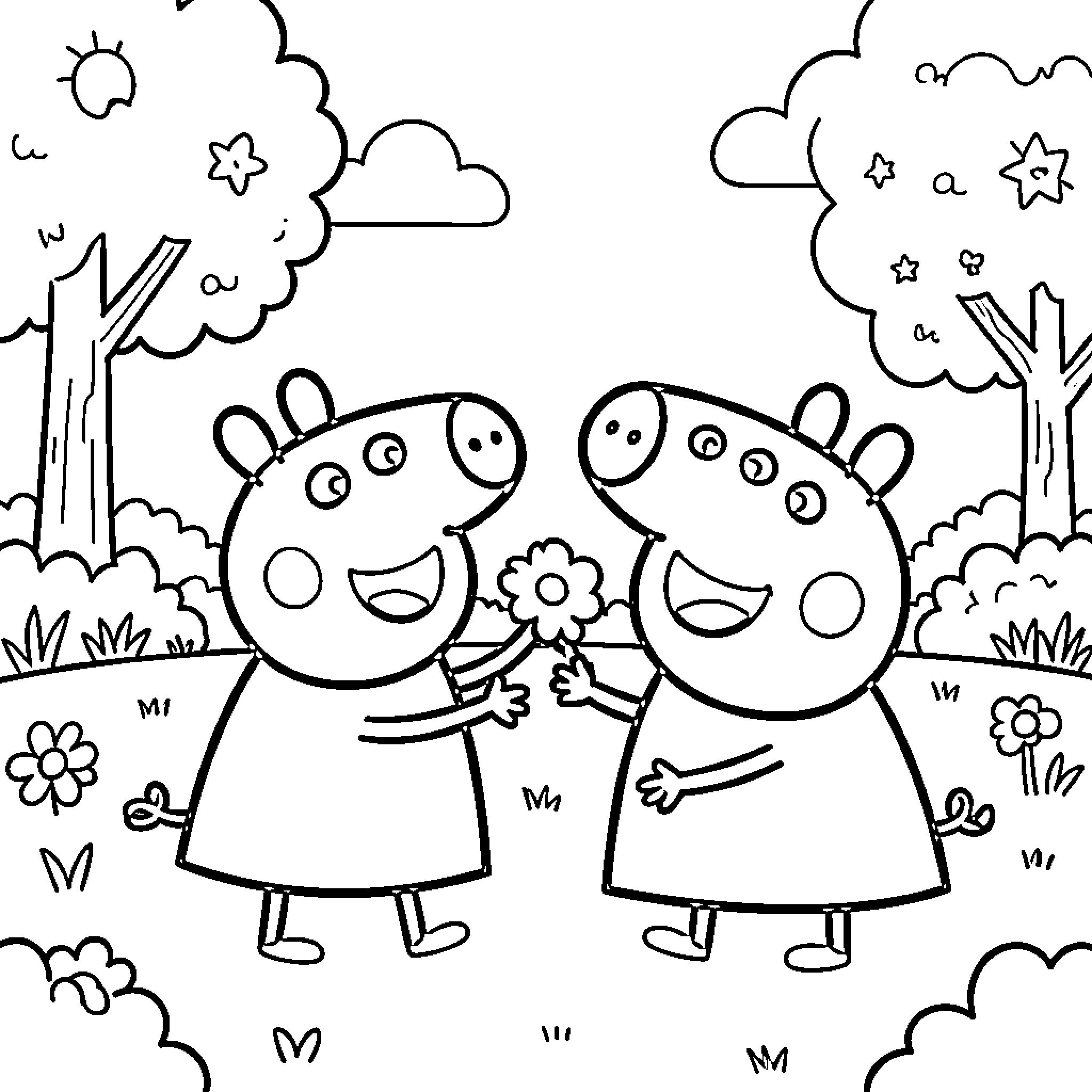 Bing Two pig characters holding flowers in a garden Coloring Page (free black-and-white line drawing printable PDF for all, from beginners to advanced learners, including children, teens, adults, and seniors)