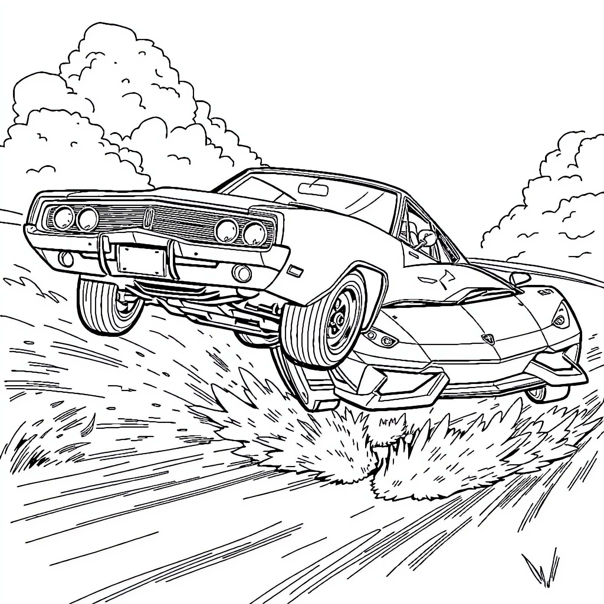 Car speeding through the countryside Coloring Page (free black-and-white line drawing printable PDF for all, from beginners to advanced learners, including children, teens, adults, and seniors)