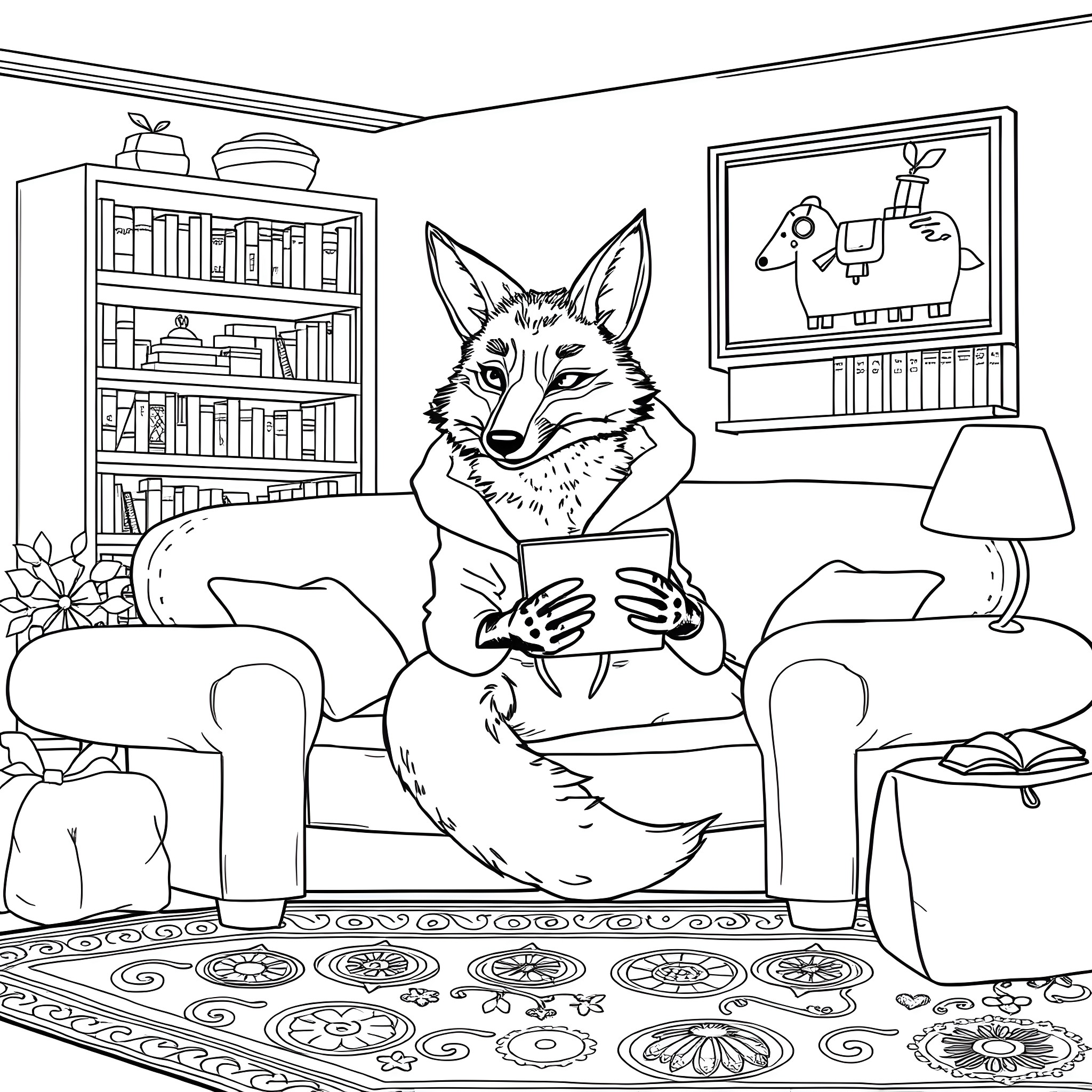 Fox relaxing and reading a book in a cozy home setting Coloring Page (free black-and-white line drawing printable PDF for all, from beginners to advanced learners, including children, teens, adults, and seniors)