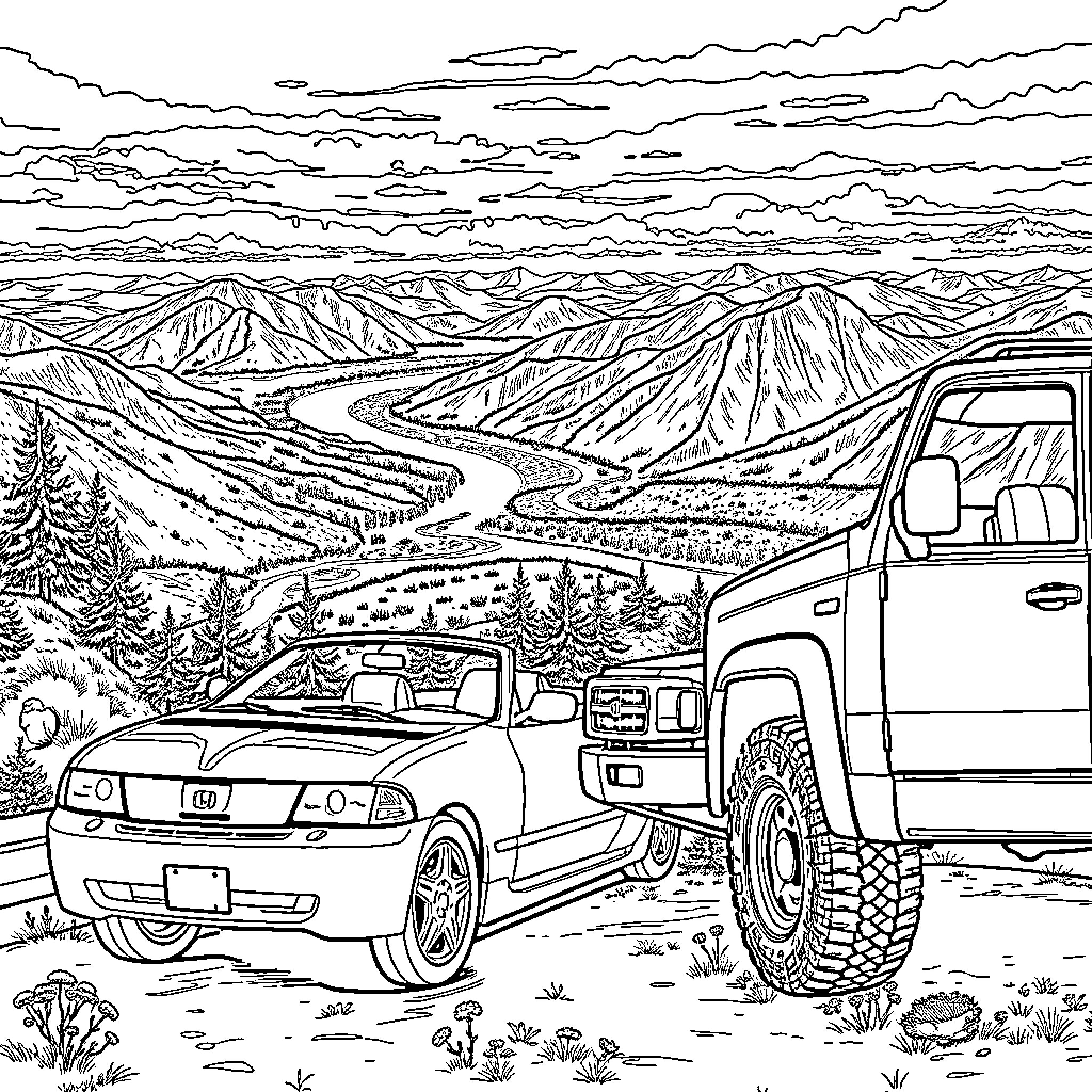Car exploring rugged mountain landscape Coloring Page (free black-and-white line drawing printable PDF for all, from beginners to advanced learners, including children, teens, adults, and seniors)