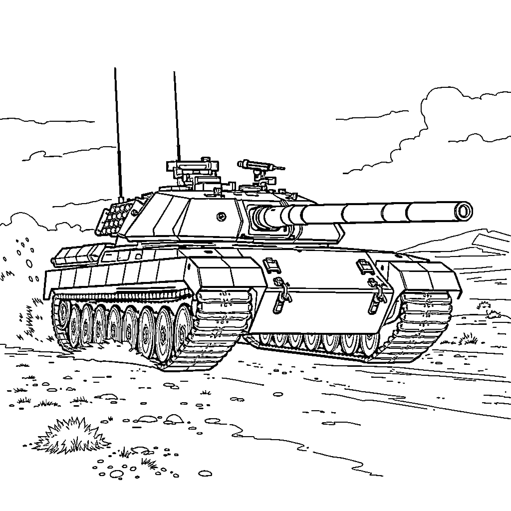 Leopard 2 battle tank in field maneuver Coloring Page (free black-and-white line drawing printable PDF for all, from beginners to advanced learners, including children, teens, adults, and seniors)