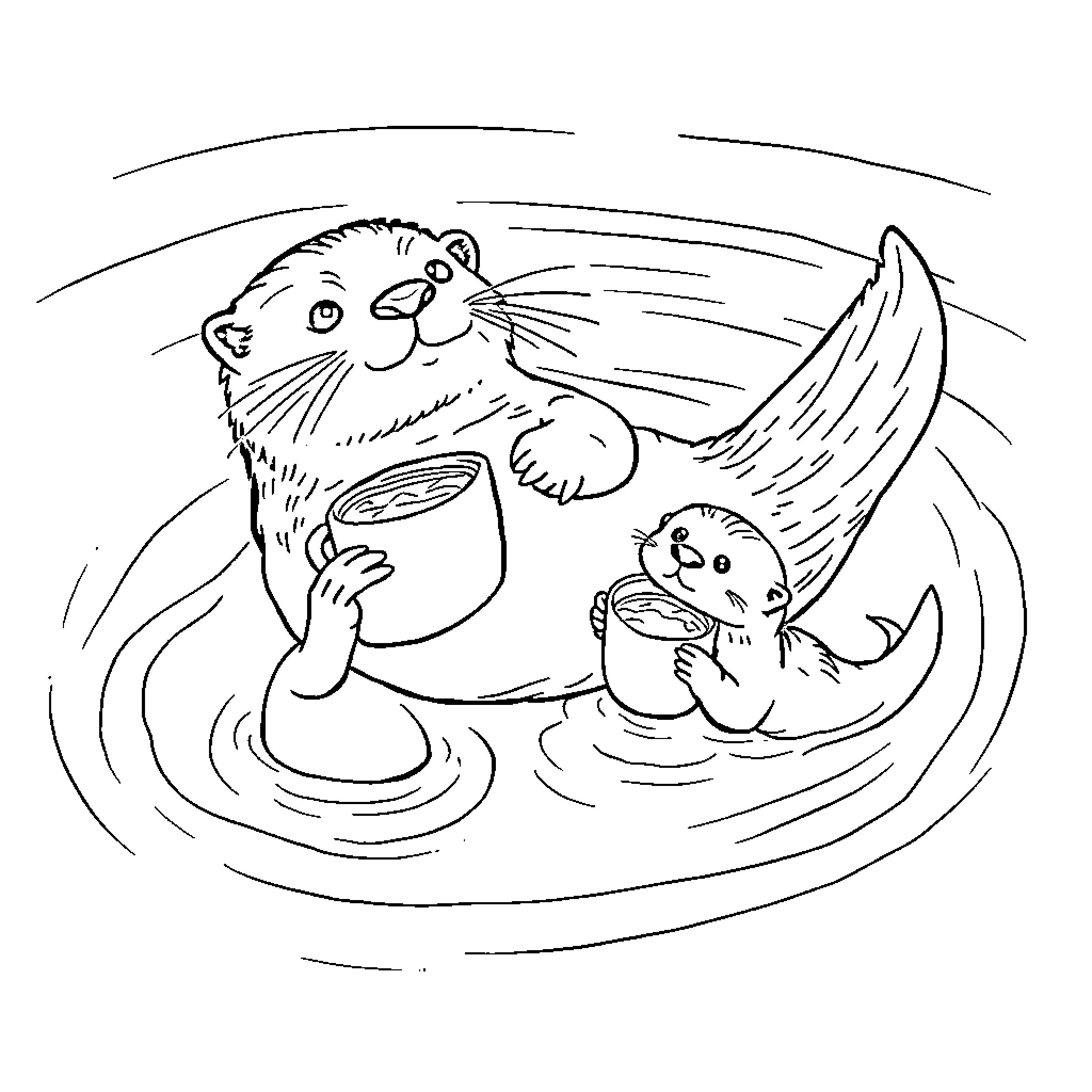 Otter enjoying a meal with baby otter Coloring Page (free black-and-white line drawing printable PDF for all, from beginners to advanced learners, including children, teens, adults, and seniors)