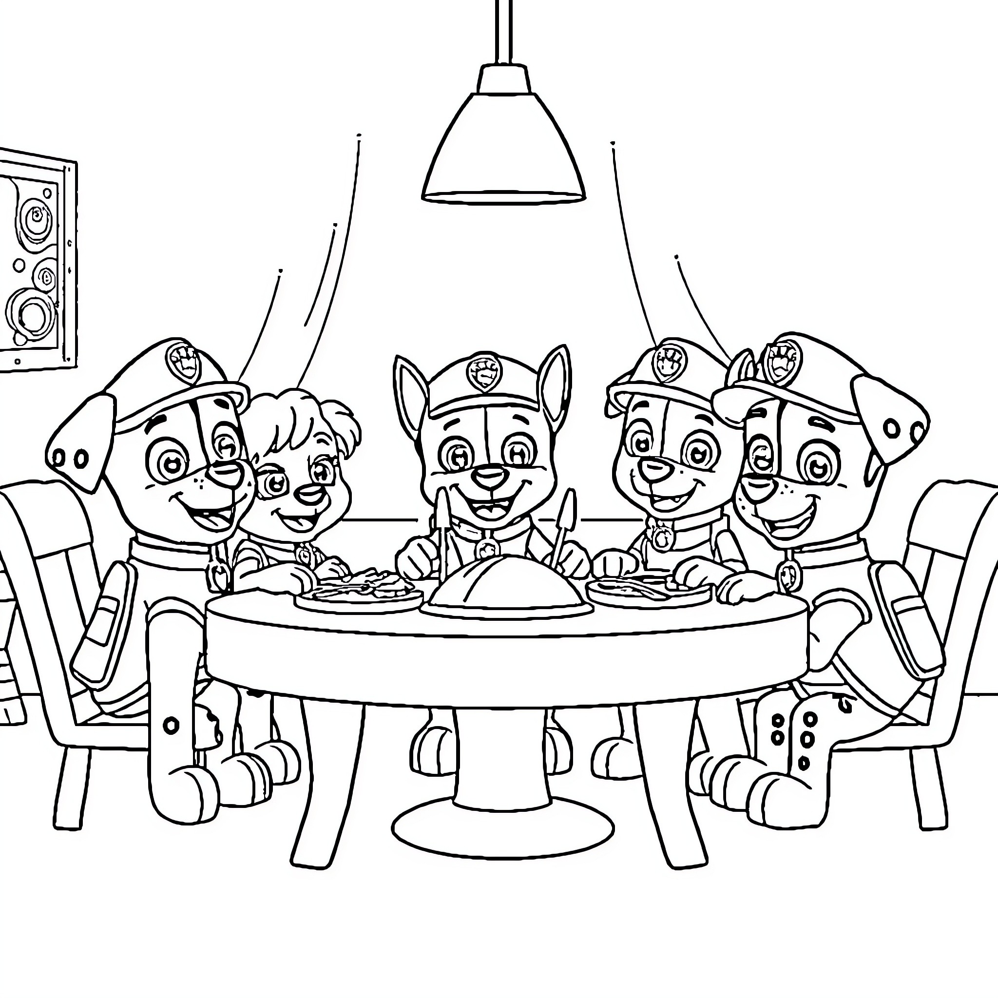 Paw Patrol Enjoying a Meal Together Coloring Page (free black-and-white line drawing printable PDF for all, from beginners to advanced learners, including children, teens, adults, and seniors)
