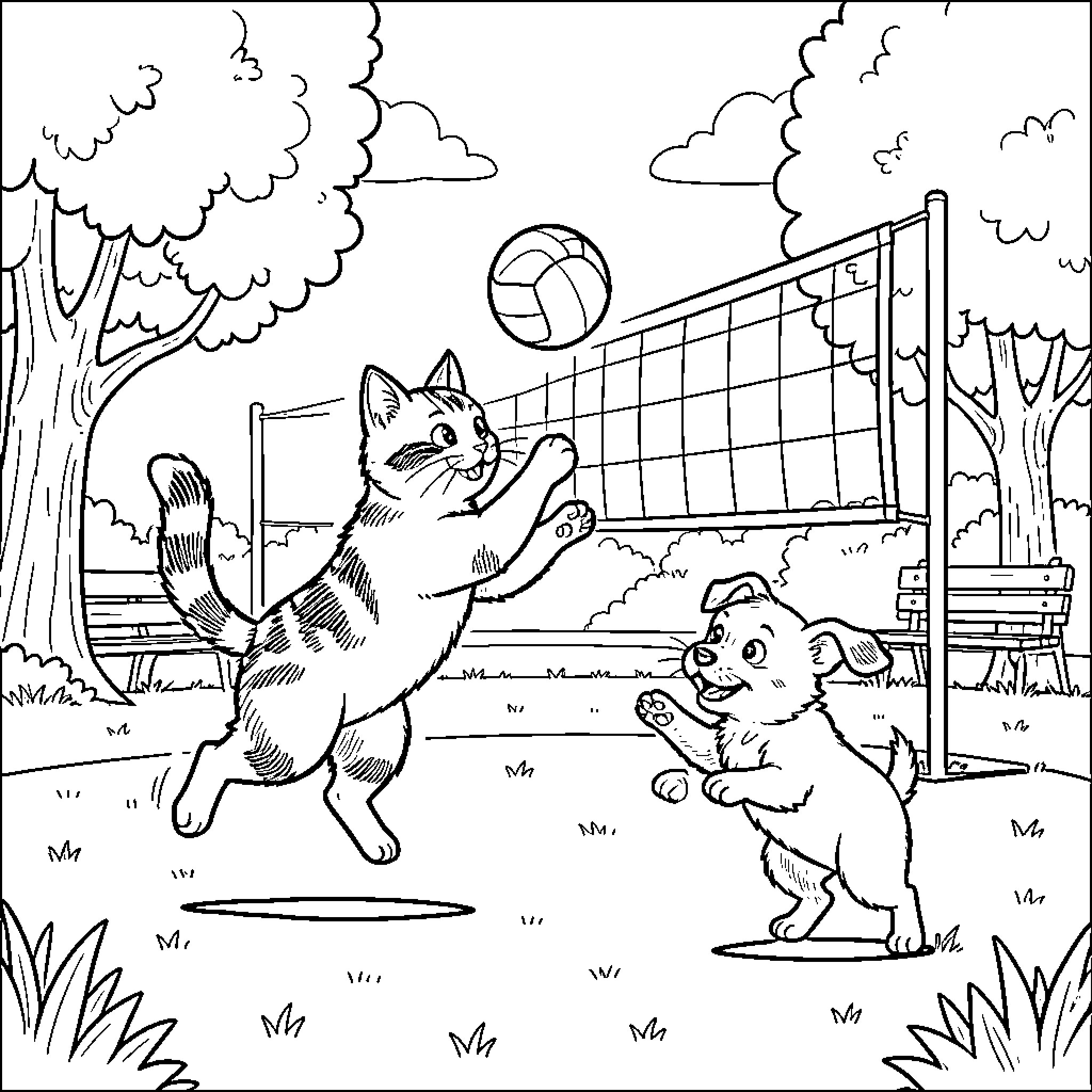 Gato playing volleyball with puppy in park Coloring Page (free black-and-white line drawing printable PDF for all, from beginners to advanced learners, including children, teens, adults, and seniors)