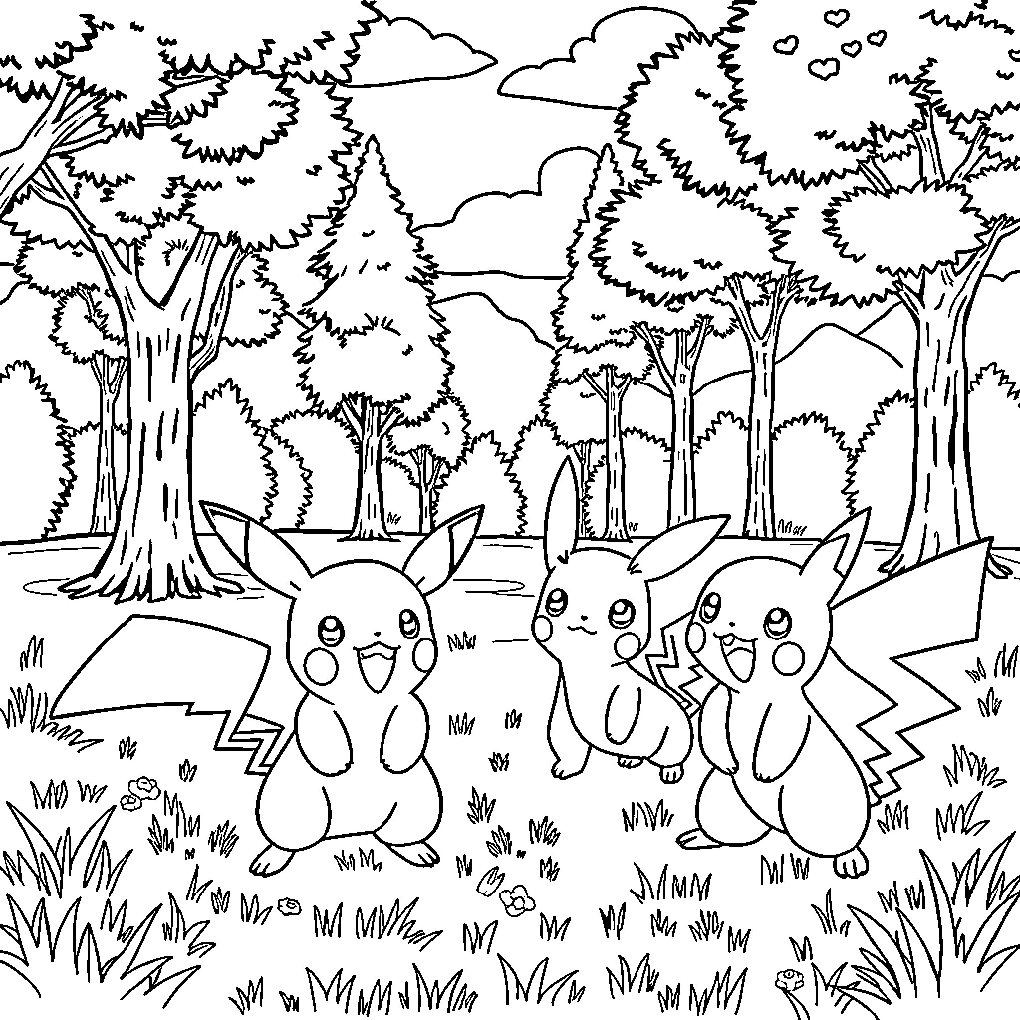 Pokémon characters exploring the forest Coloring Page (free black-and-white line drawing printable PDF for all, from beginners to advanced learners, including children, teens, adults, and seniors)