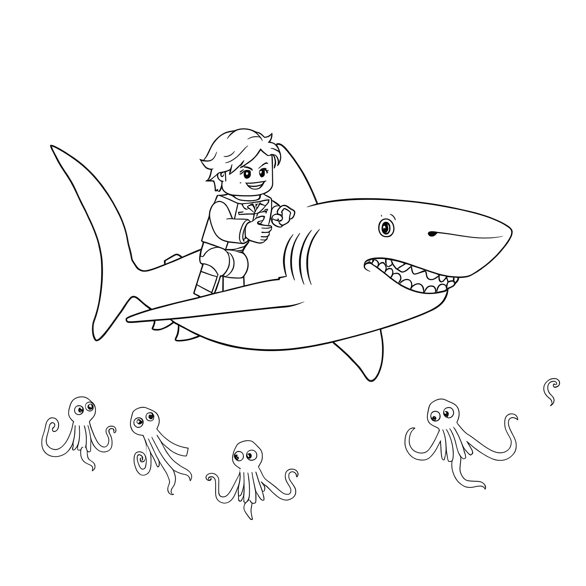 LEGO Figure riding a fearsome shark with octopus companions Coloring Page (free black-and-white line drawing printable PDF for all, from beginners to advanced learners, including children, teens, adults, and seniors)
