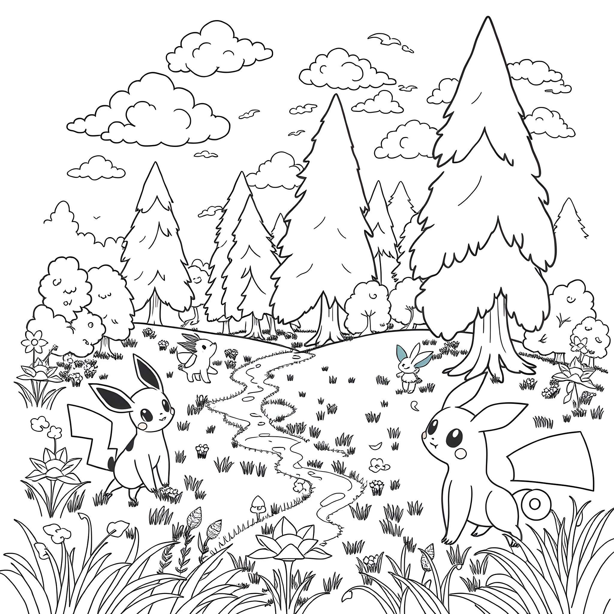 Pokémon Bunnies Exploring the Enchanted Forest Coloring Page (free black-and-white line drawing printable PDF for all, from beginners to advanced learners, including children, teens, adults, and seniors)