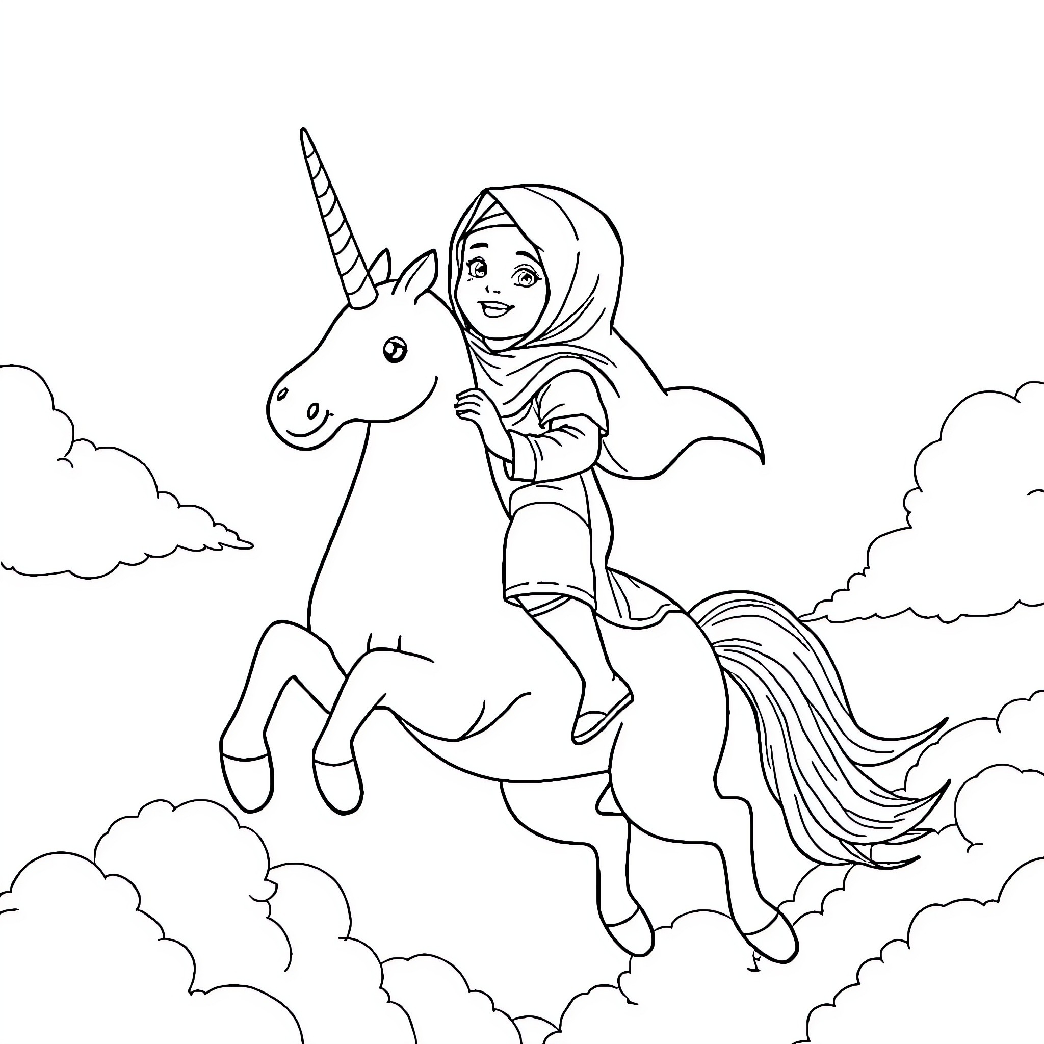Girl riding a magical unicorn in the clouds Coloring Page (free black-and-white line drawing printable PDF for all, from beginners to advanced learners, including children, teens, adults, and seniors)