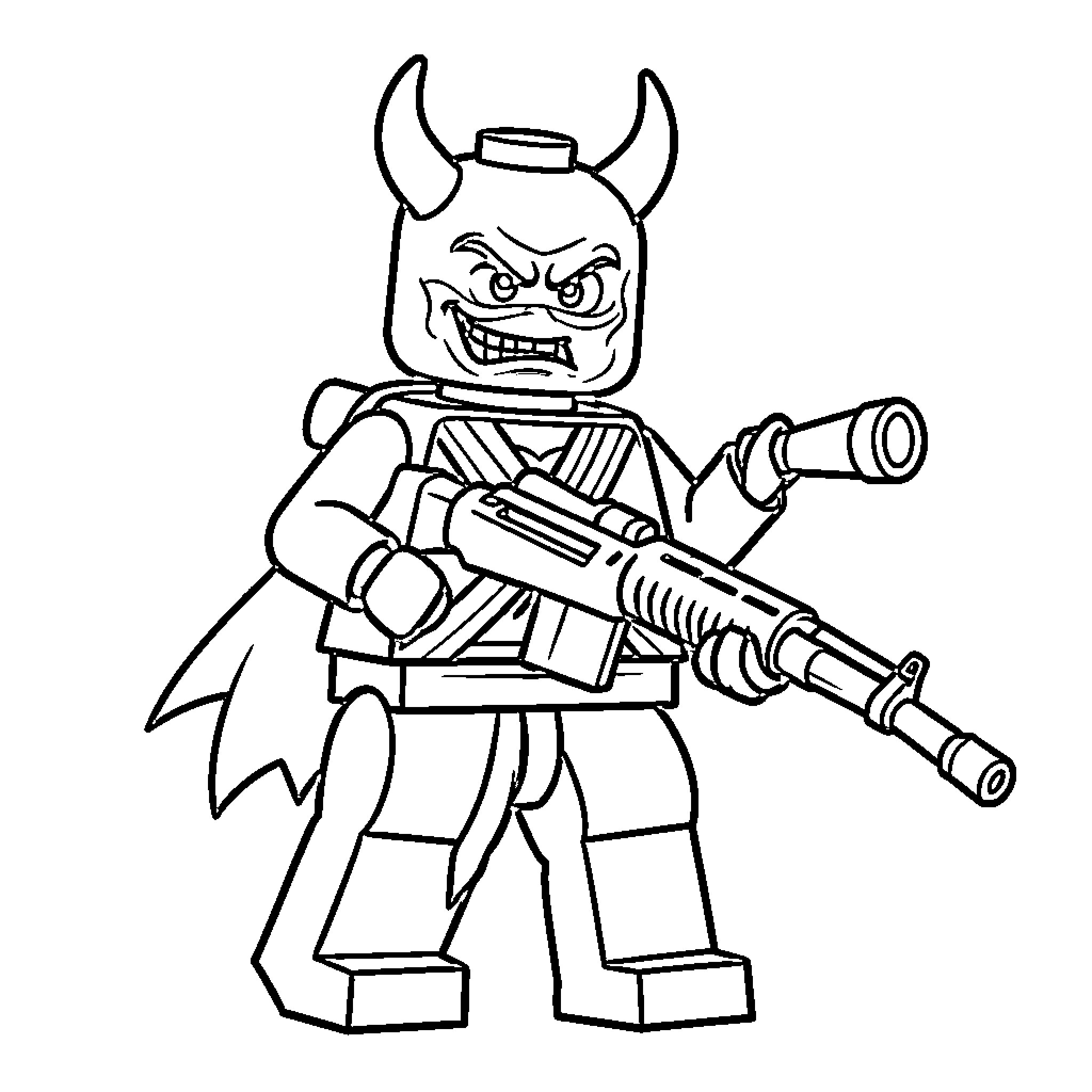 LEGO Figure with horns holding a futuristic weapon Coloring Page (free black-and-white line drawing printable PDF for all, from beginners to advanced learners, including children, teens, adults, and seniors)