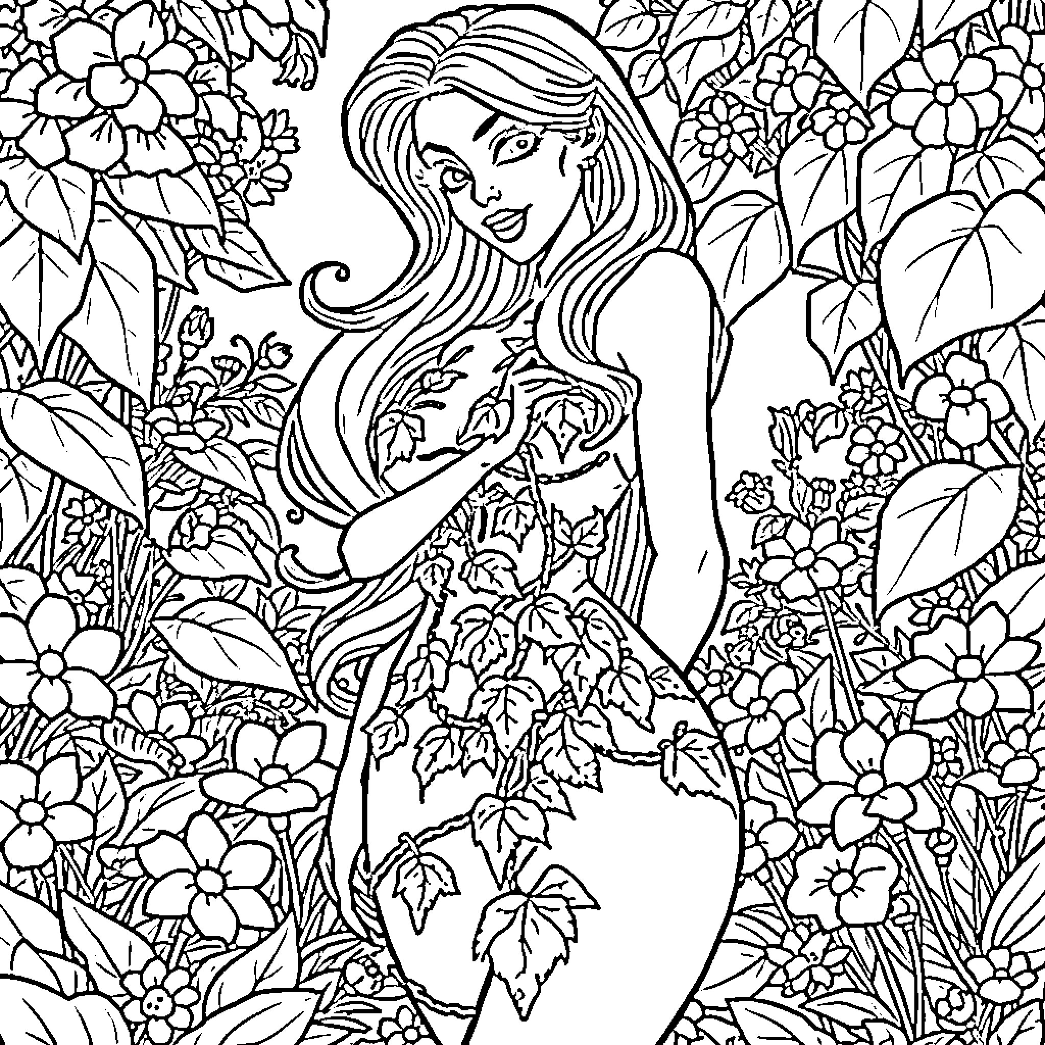 Poison Ivy surrounded by lush flora and fauna Coloring Page (free black-and-white line drawing printable PDF for all, from beginners to advanced learners, including children, teens, adults, and seniors)