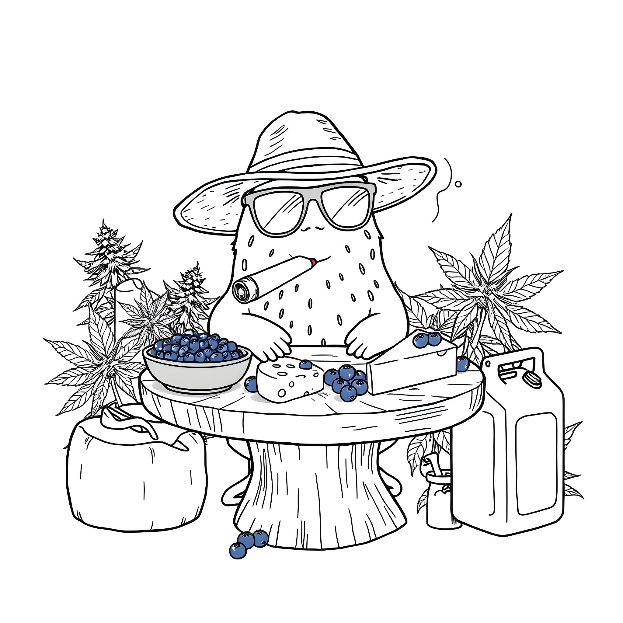 Shmoo foraging for berries in the forest Coloring Page (free black-and-white line drawing printable PDF for all, from beginners to advanced learners, including children, teens, adults, and seniors)