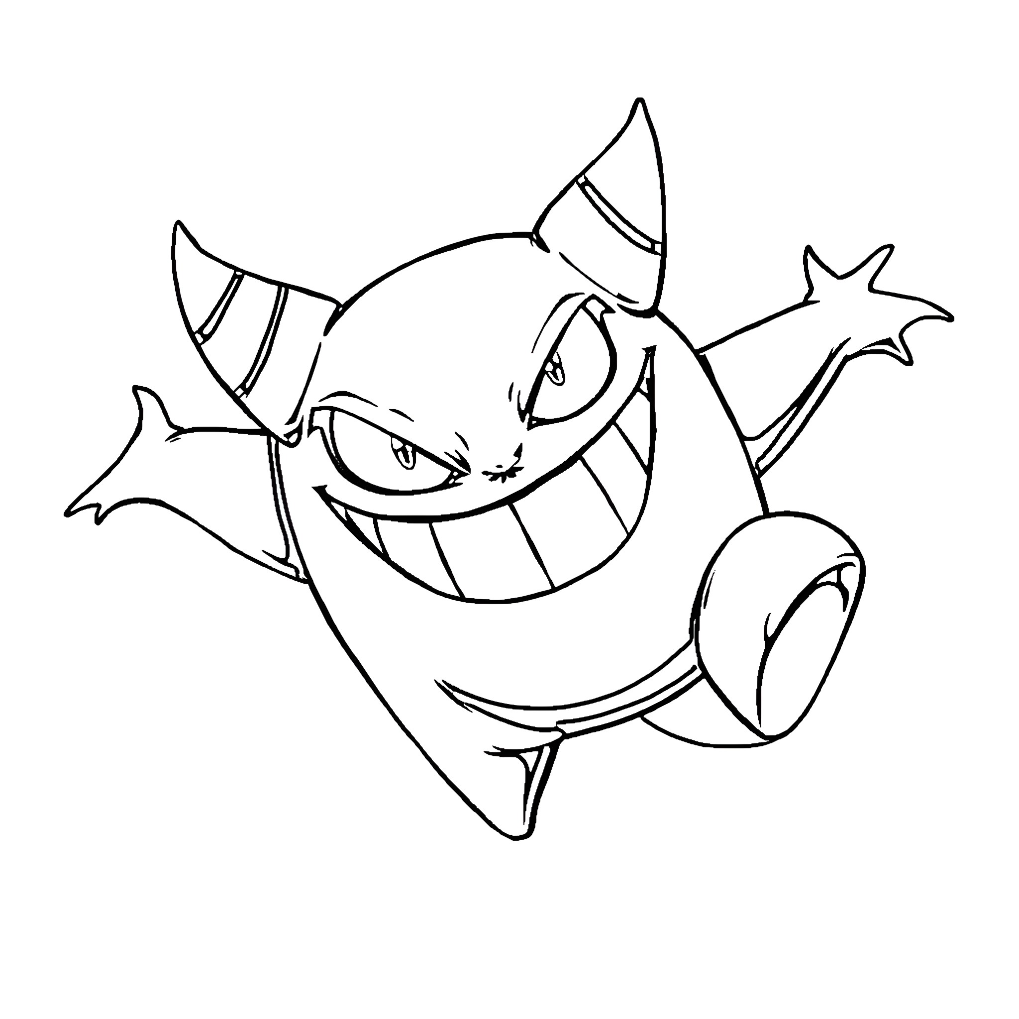 Gengar grinning mischievously Coloring Page (free black-and-white line drawing printable PDF for all, from beginners to advanced learners, including children, teens, adults, and seniors)