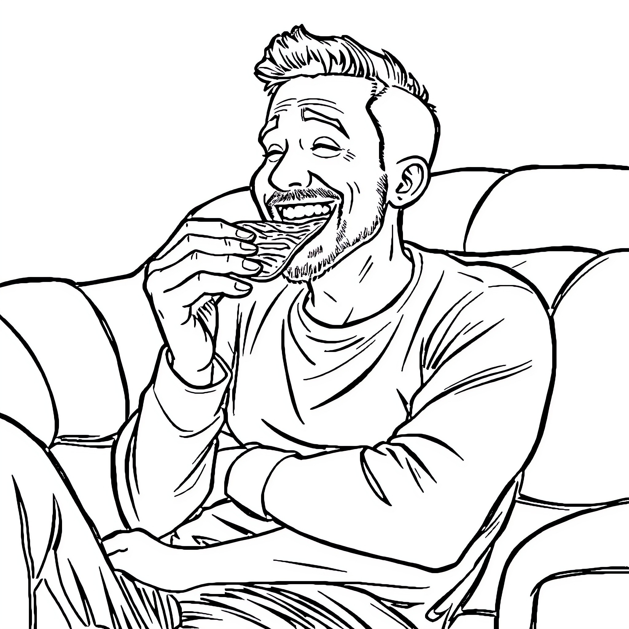 Man laughing heartily on couch Coloring Page (free black-and-white line drawing printable PDF for all, from beginners to advanced learners, including children, teens, adults, and seniors)
