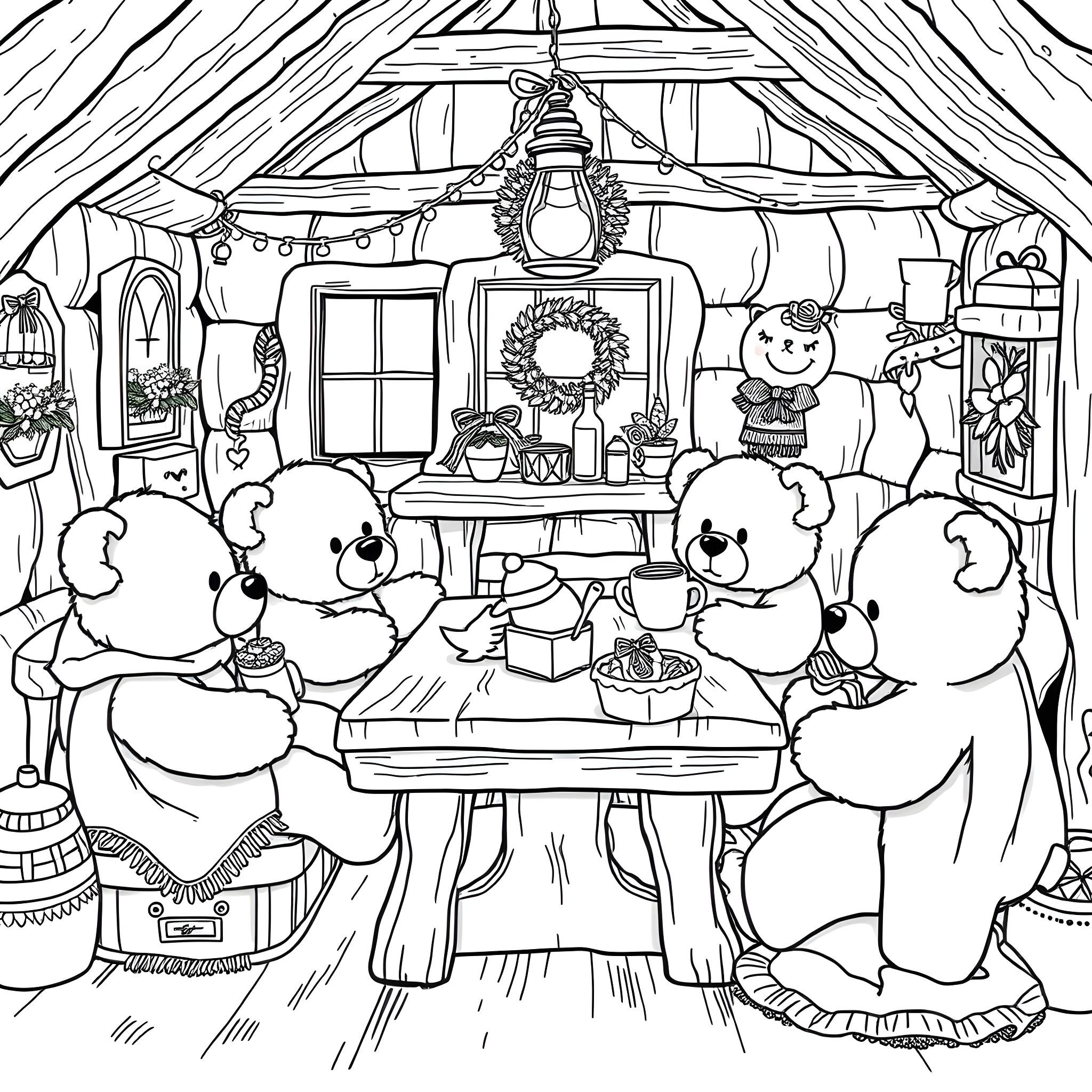 Teddy Bears Gathering in a Cozy Cabin Coloring Page (free black-and-white line drawing printable PDF for all, from beginners to advanced learners, including children, teens, adults, and seniors)
