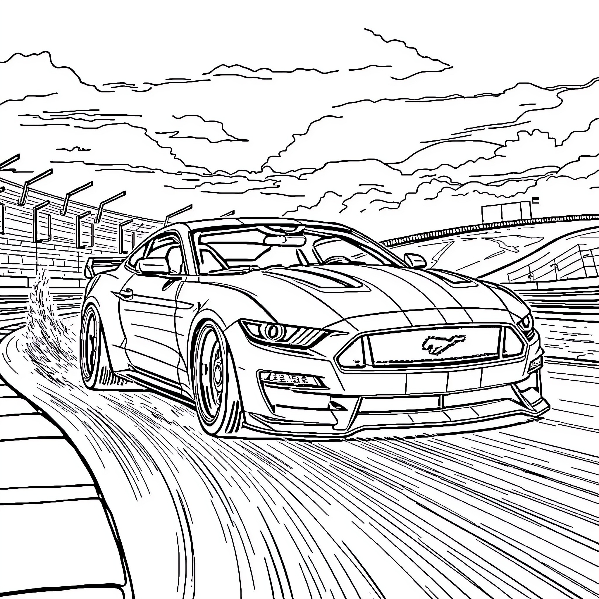 Mustang racing on the road at high speed Coloring Page (free black-and-white line drawing printable PDF for all, from beginners to advanced learners, including children, teens, adults, and seniors)