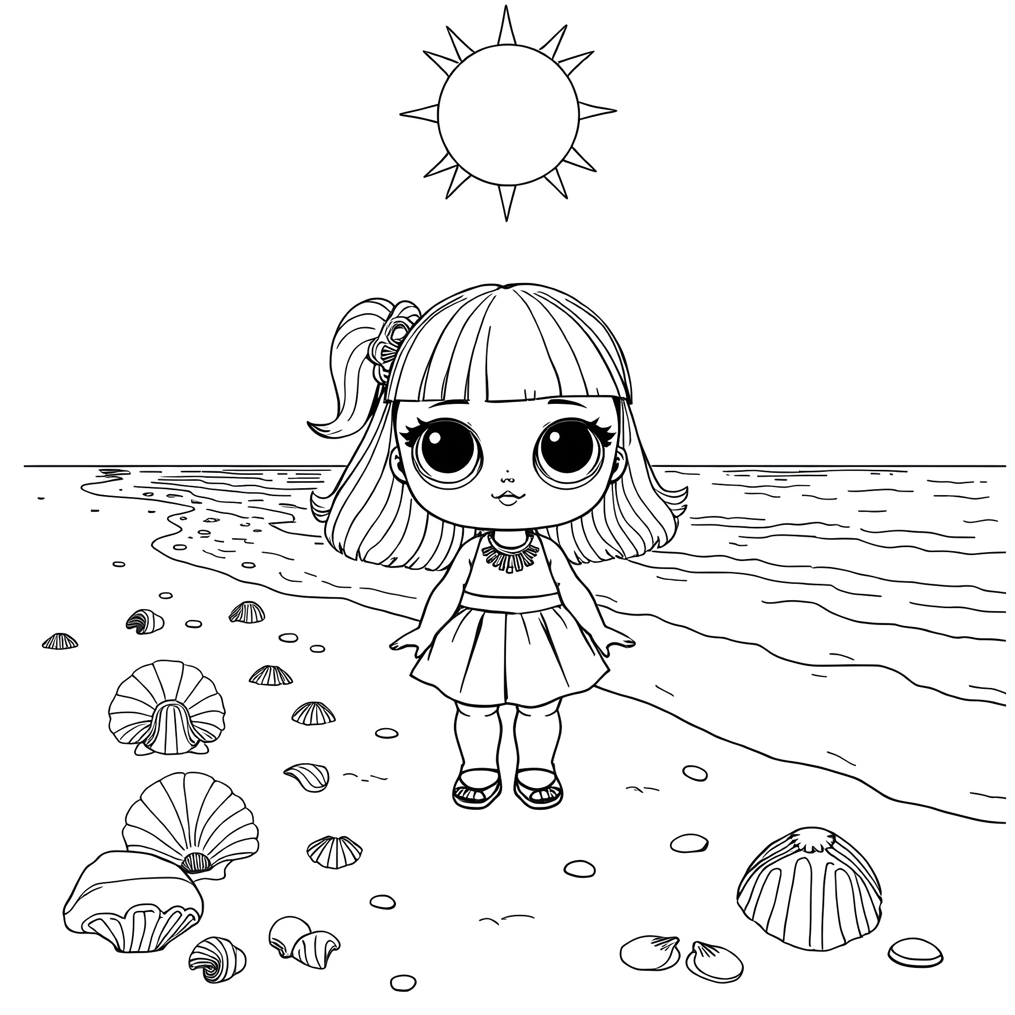 Doll swimming on the beach with seashells Coloring Page (free black-and-white line drawing printable PDF for all, from beginners to advanced learners, including children, teens, adults, and seniors)
