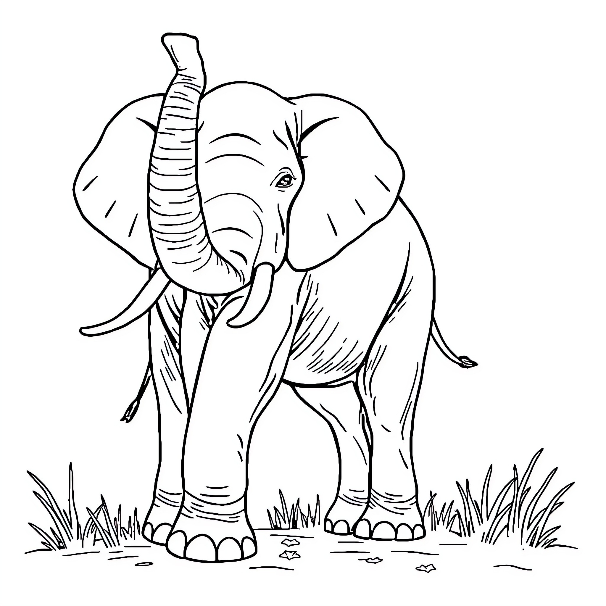 Elephant standing in tall grass Coloring Page (free black-and-white line drawing printable PDF for all, from beginners to advanced learners, including children, teens, adults, and seniors)