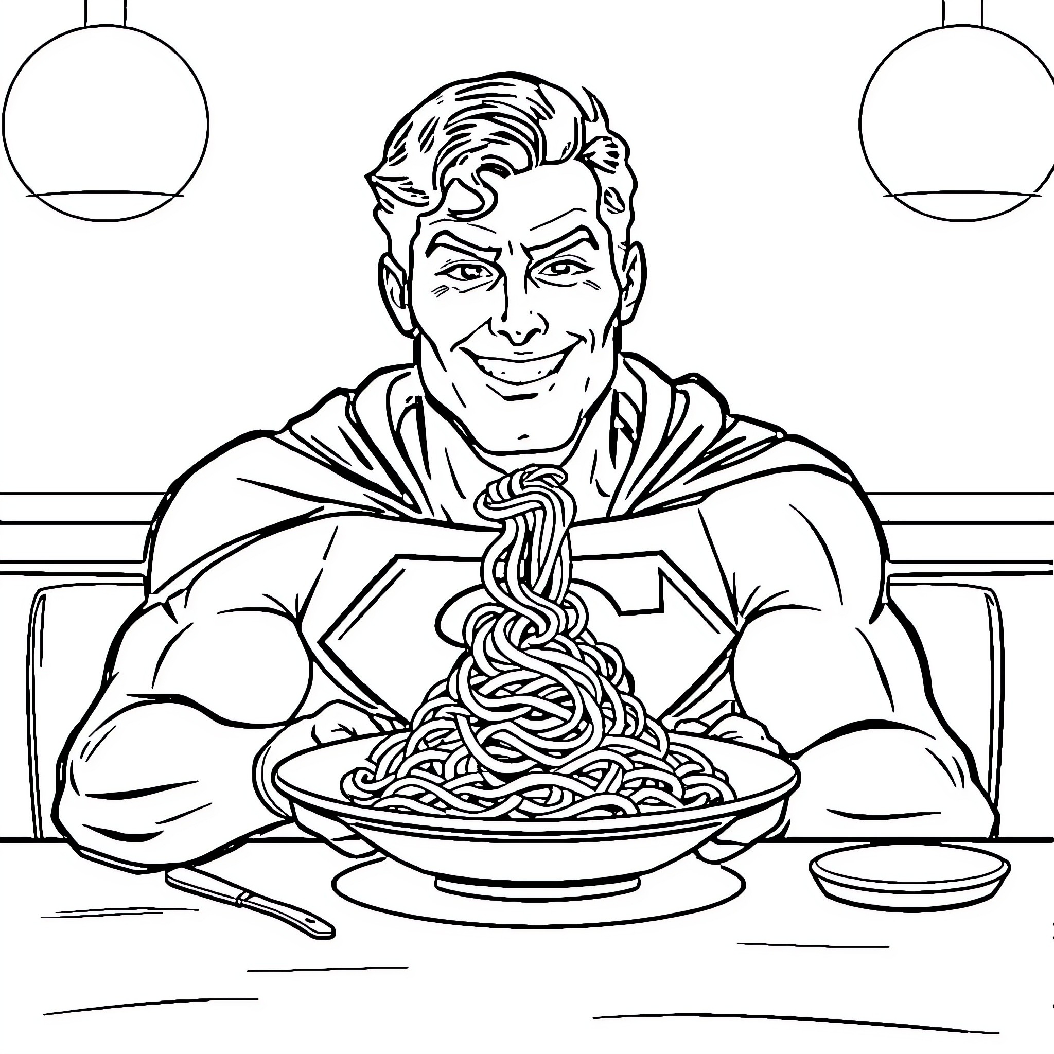 Superman Enjoying a Hearty Meal Coloring Page (free black-and-white line drawing printable PDF for all, from beginners to advanced learners, including children, teens, adults, and seniors)
