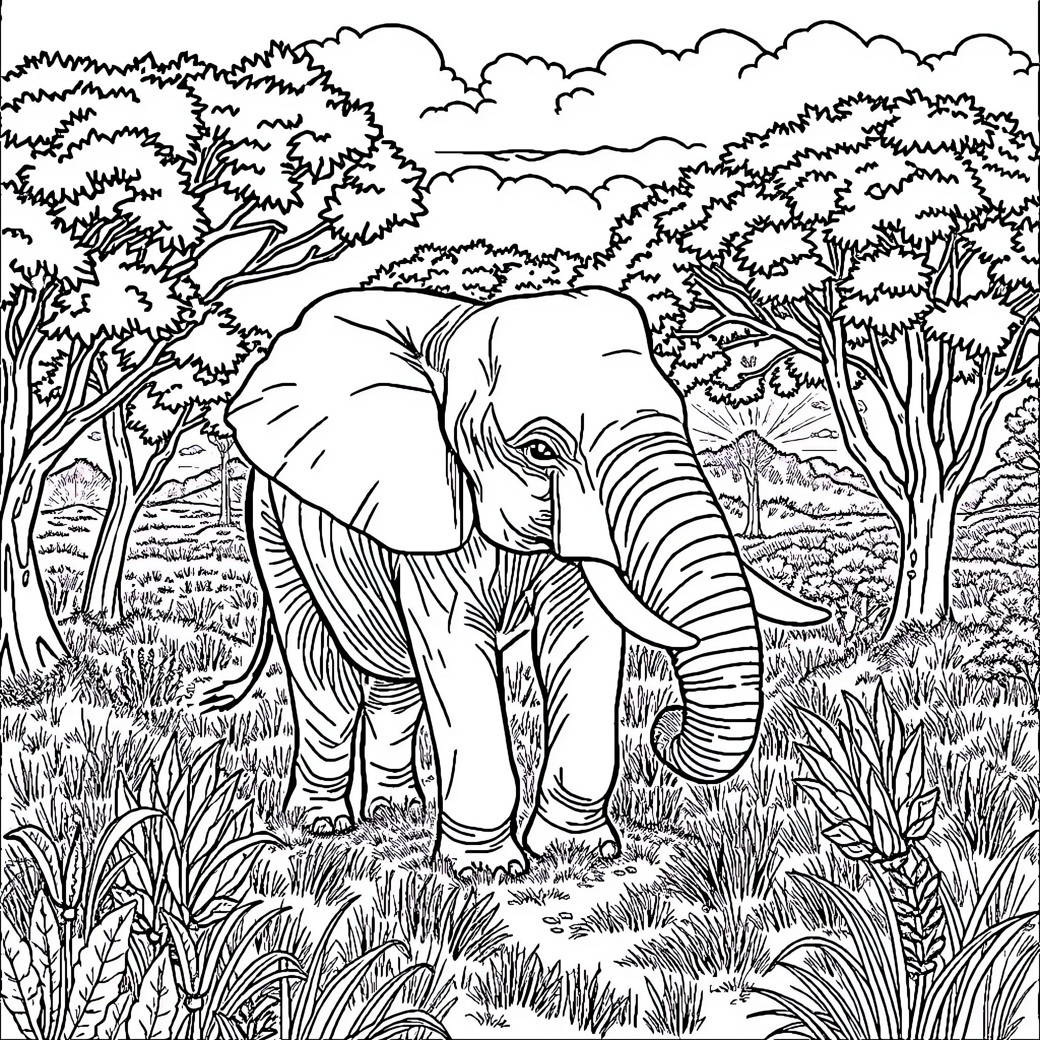 Elephant in the Lush Jungle Landscape Coloring Page (free black-and-white line drawing printable PDF for all, from beginners to advanced learners, including children, teens, adults, and seniors)