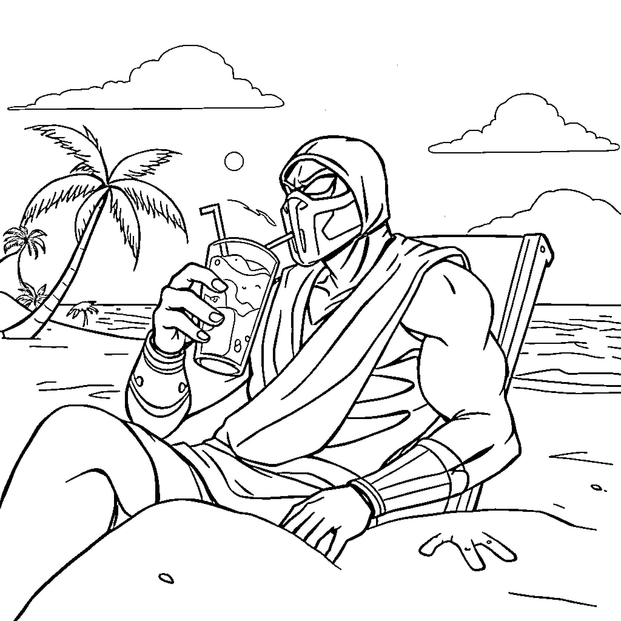 Noob Saibot relaxing on the beach with a tropical drink Coloring Page (free black-and-white line drawing printable PDF for all, from beginners to advanced learners, including children, teens, adults, and seniors)