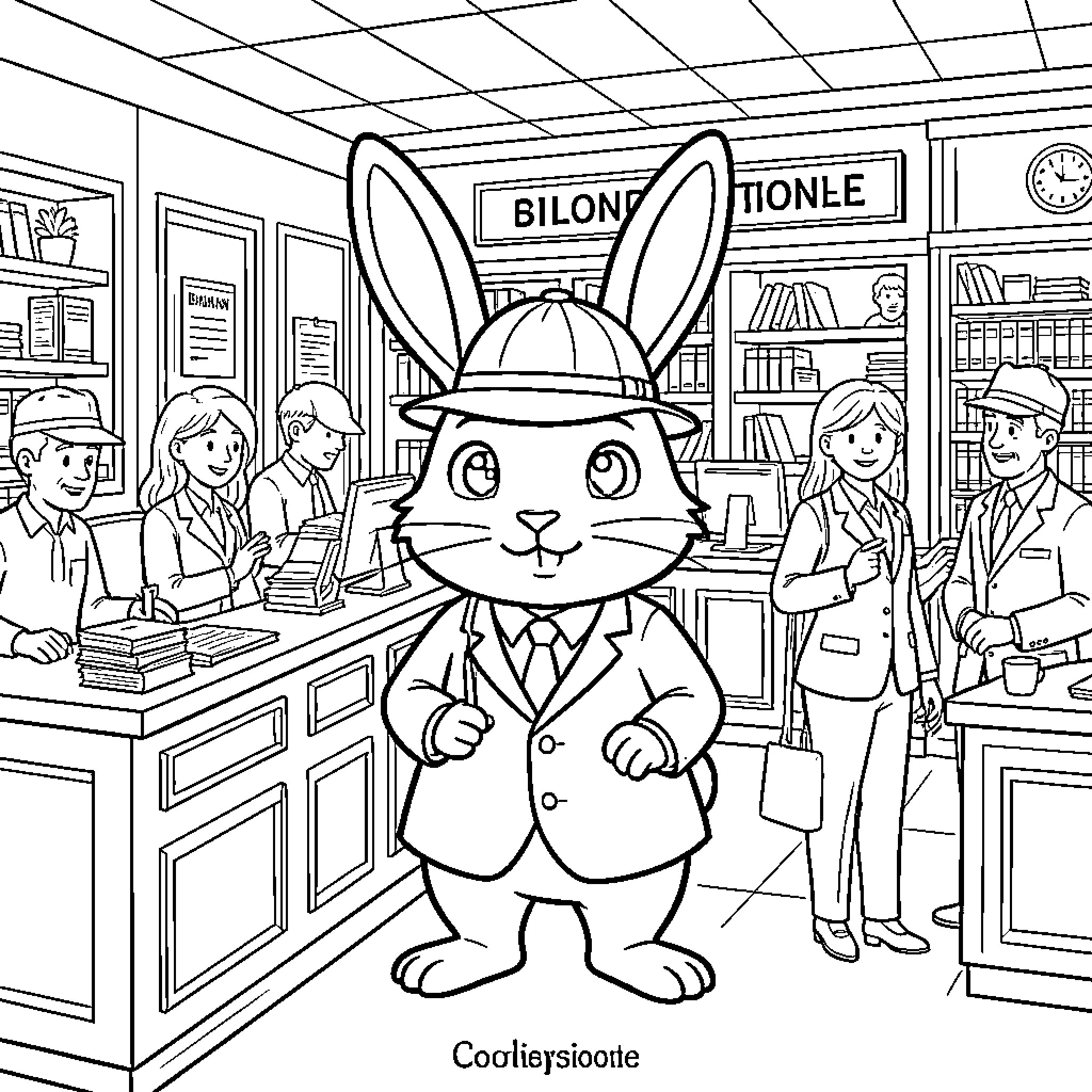 Rabbit employee working at the library Coloring Page (free black-and-white line drawing printable PDF for all, from beginners to advanced learners, including children, teens, adults, and seniors)