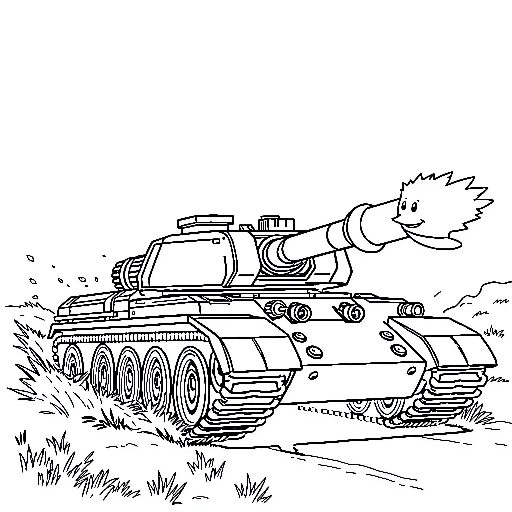 Tank firing missiles on the battlefield Coloring Page (free black-and-white line drawing printable PDF for all, from beginners to advanced learners, including children, teens, adults, and seniors)