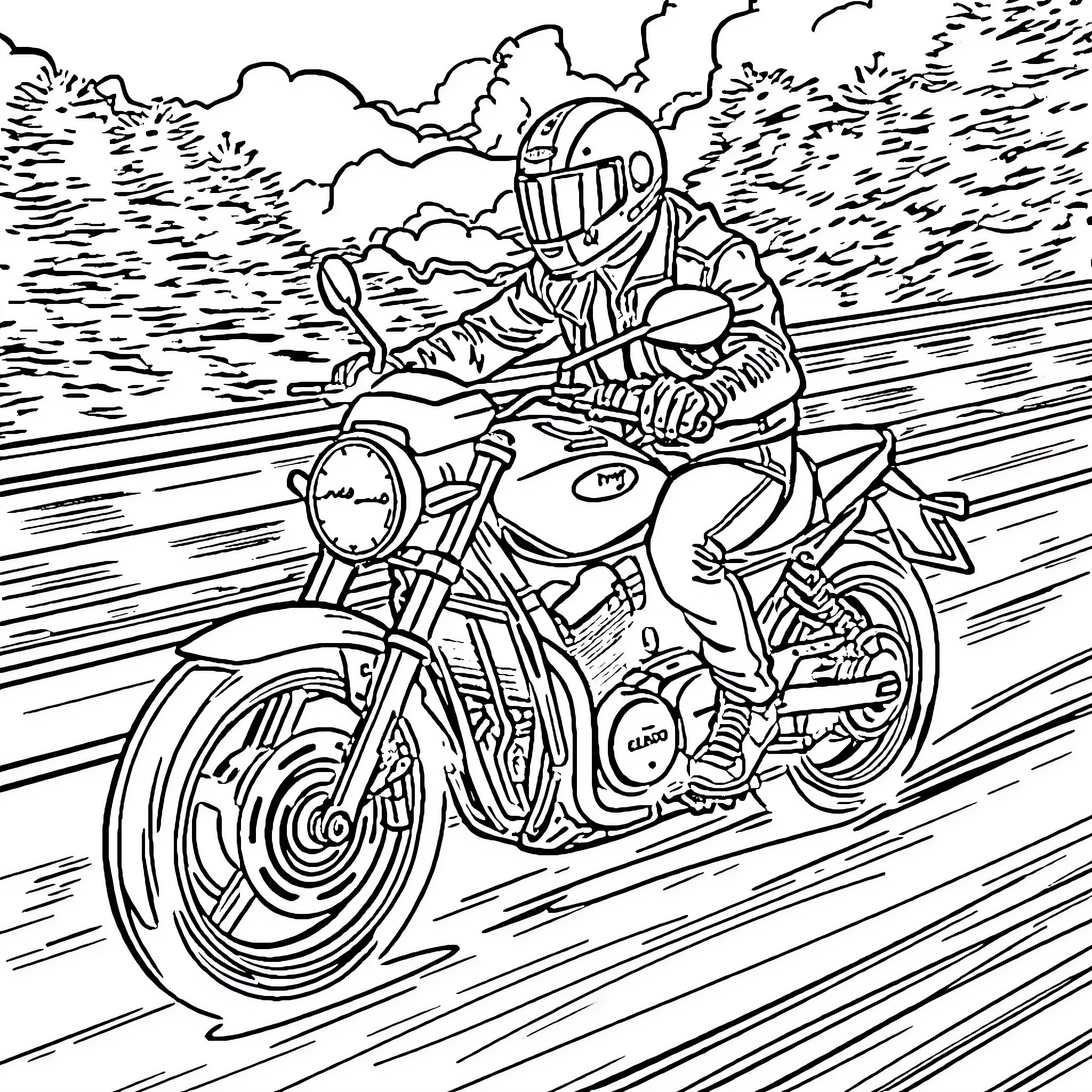 Motorcycle rider speeding through winding road Coloring Page (free black-and-white line drawing printable PDF for all, from beginners to advanced learners, including children, teens, adults, and seniors)