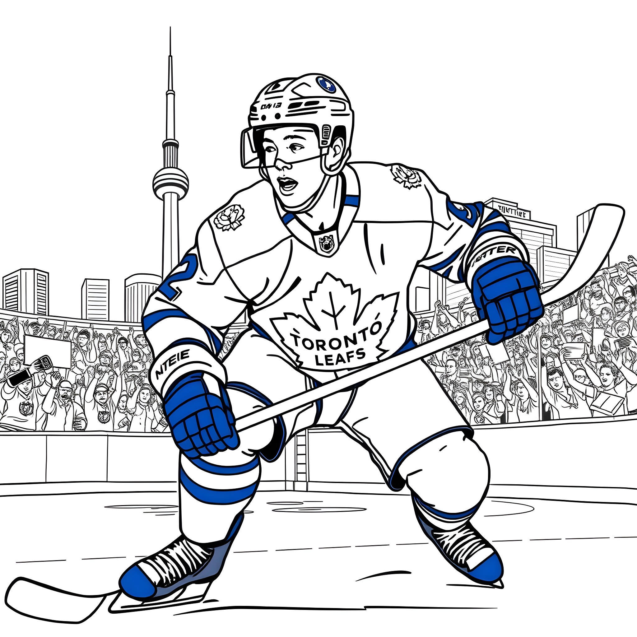 Auston Matthews playing hockey in Toronto Coloring Page (free black-and-white line drawing printable PDF for all, from beginners to advanced learners, including children, teens, adults, and seniors)
