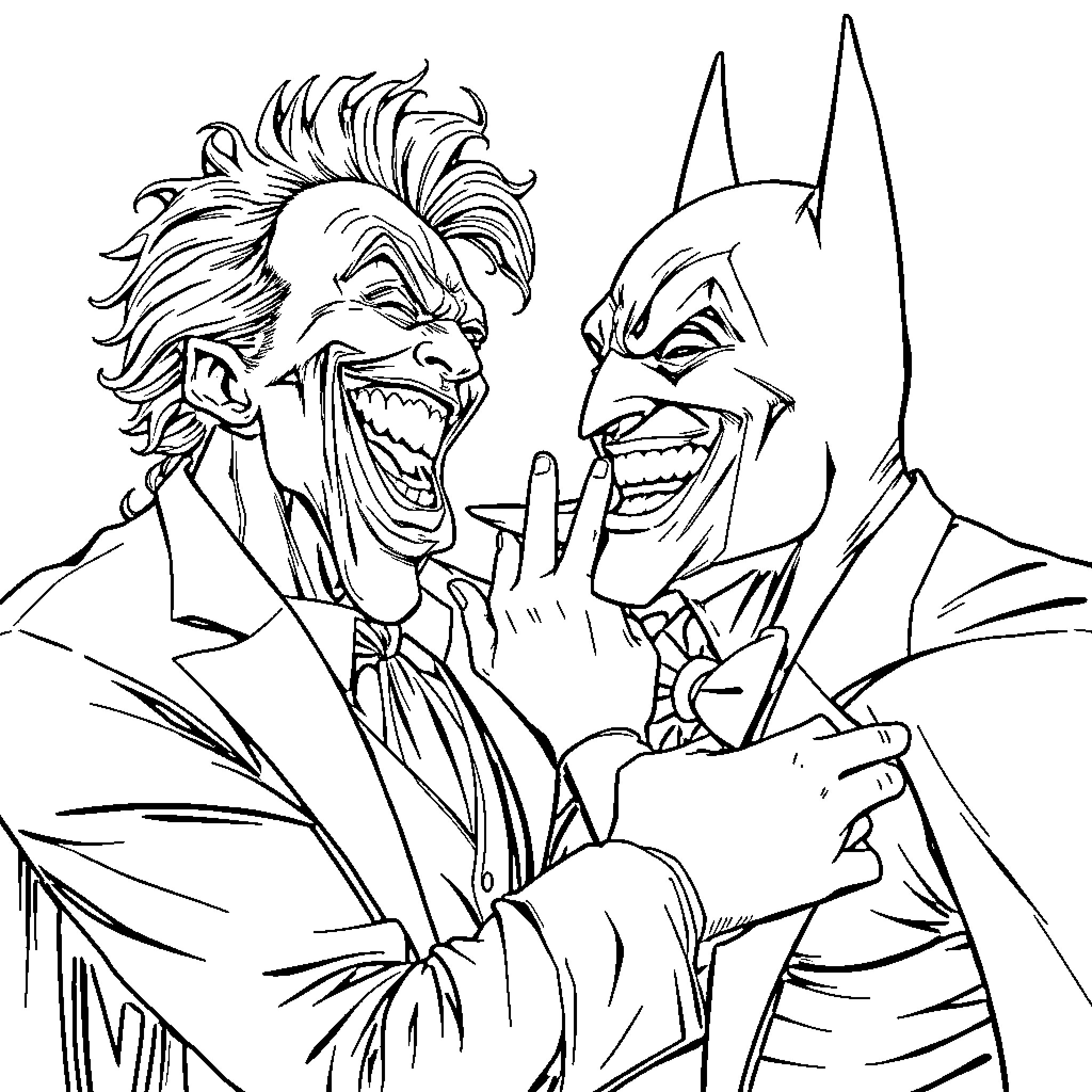 Joker's Twisted Encounter with the Dark Knight Coloring Page (free black-and-white line drawing printable PDF for all, from beginners to advanced learners, including children, teens, adults, and seniors)