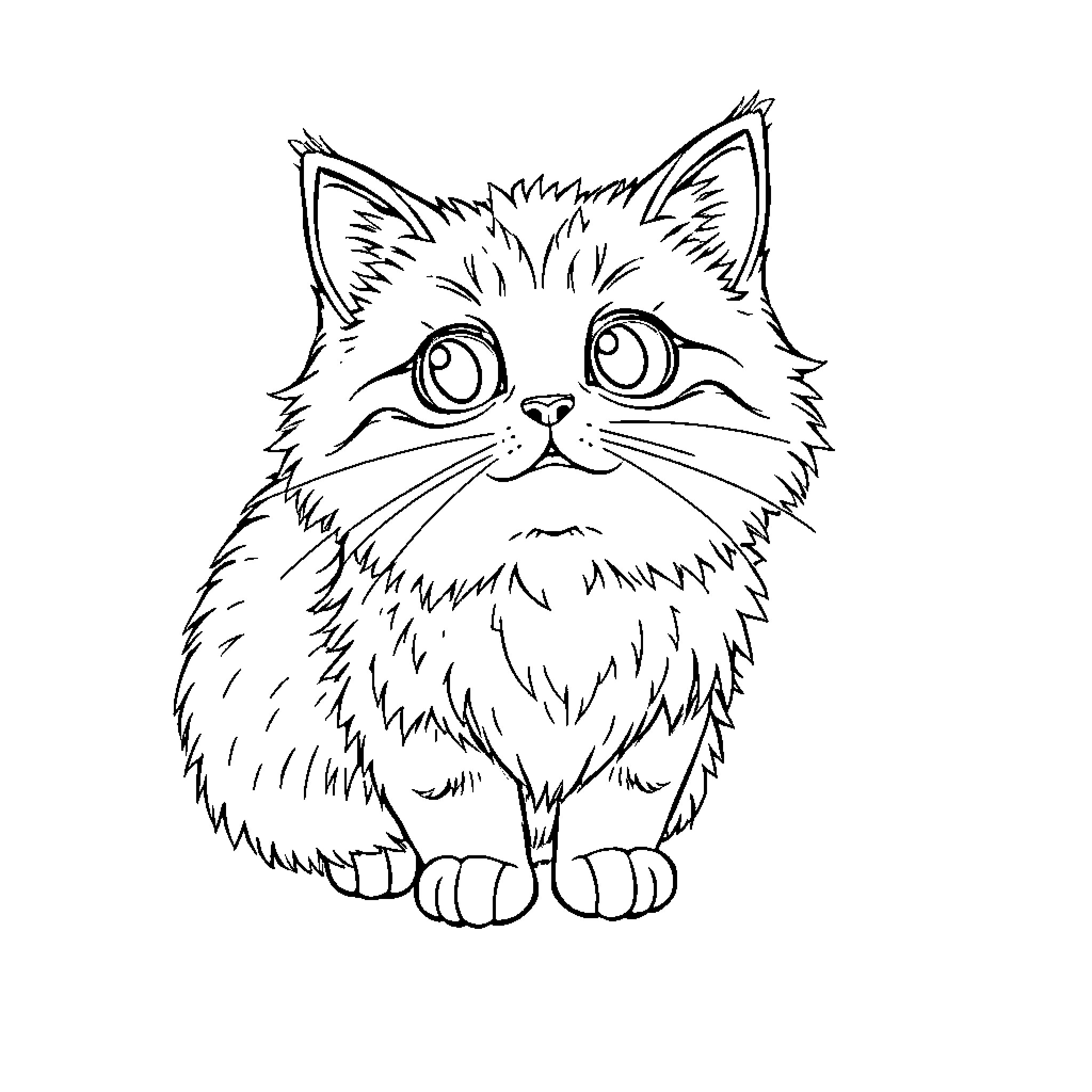 Cat with large eyes and fluffy fur Coloring Page (free black-and-white line drawing printable PDF for all, from beginners to advanced learners, including children, teens, adults, and seniors)