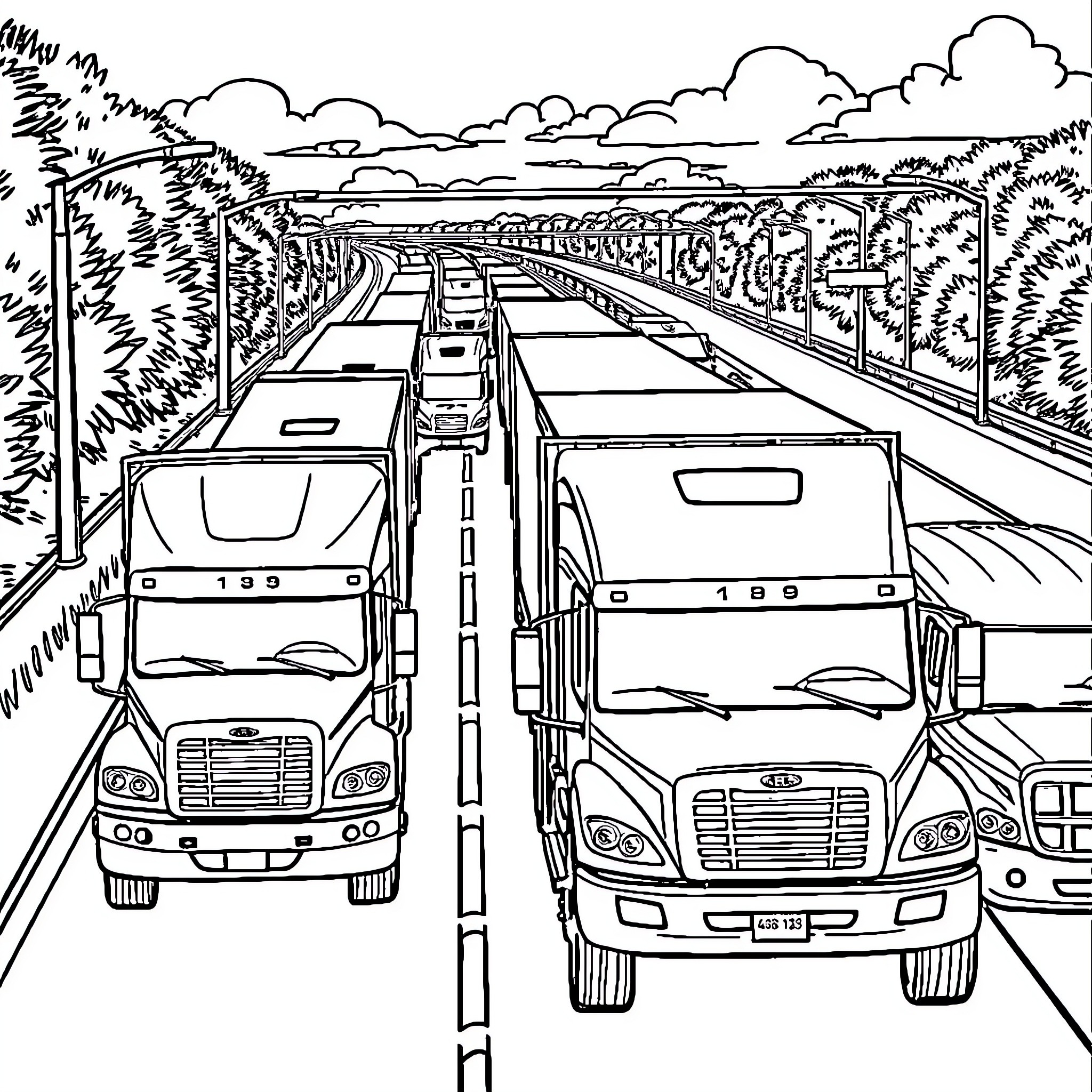 Trucks transporting goods on a busy highway Coloring Page (free black-and-white line drawing printable PDF for all, from beginners to advanced learners, including children, teens, adults, and seniors)