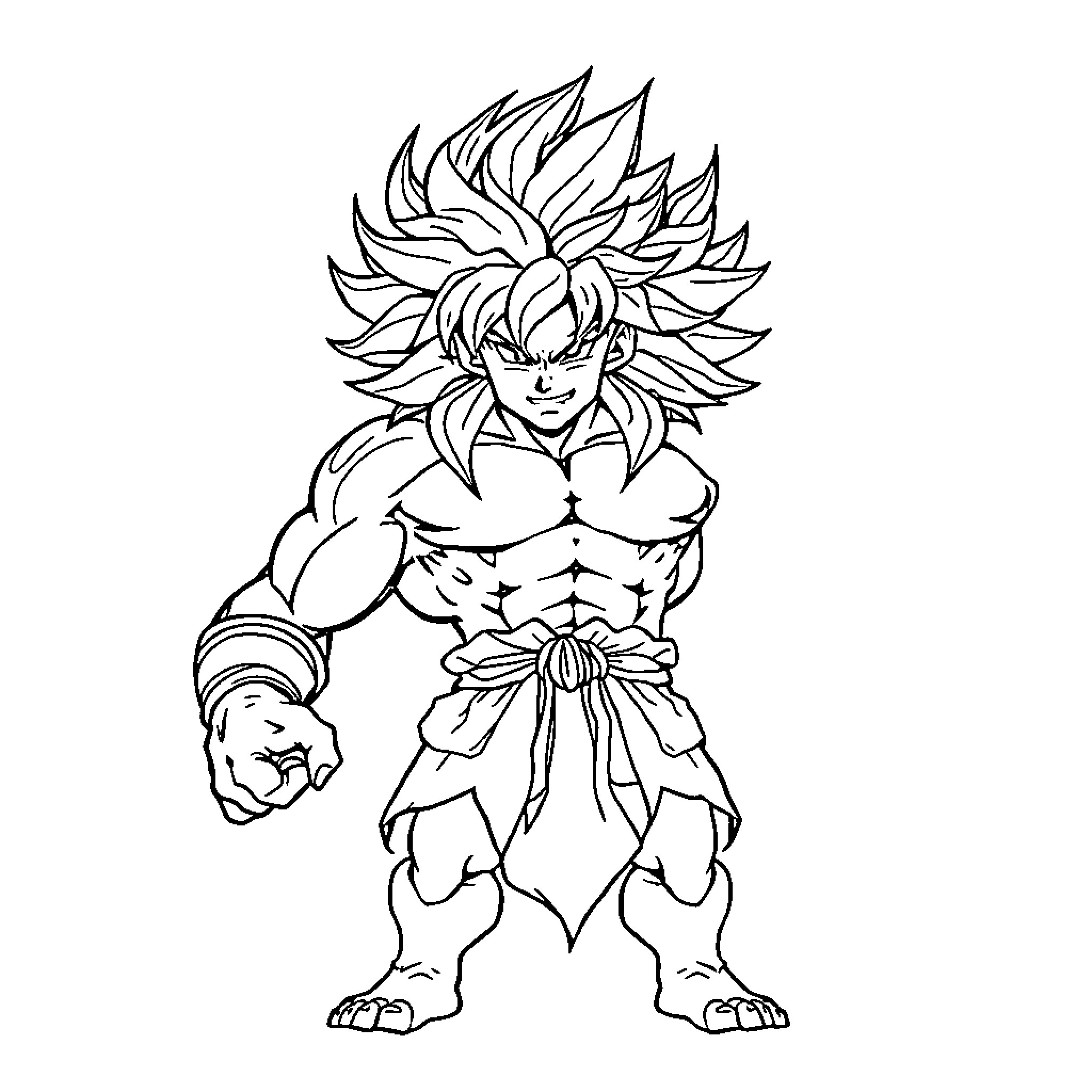 Broly in fierce battle stance Coloring Page (free black-and-white line drawing printable PDF for all, from beginners to advanced learners, including children, teens, adults, and seniors)