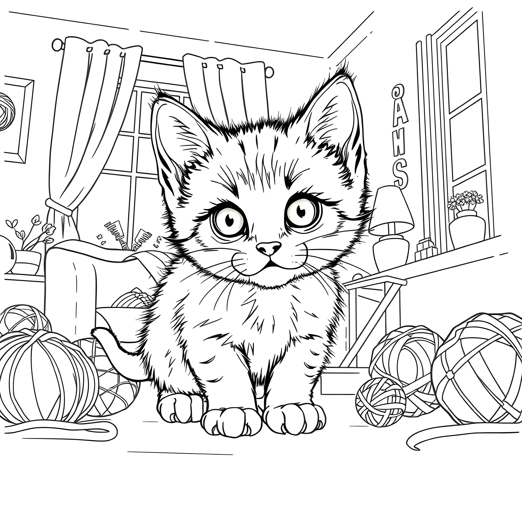 Kitten Exploring Cozy Home Environment Coloring Page (free black-and-white line drawing printable PDF for all, from beginners to advanced learners, including children, teens, adults, and seniors)
