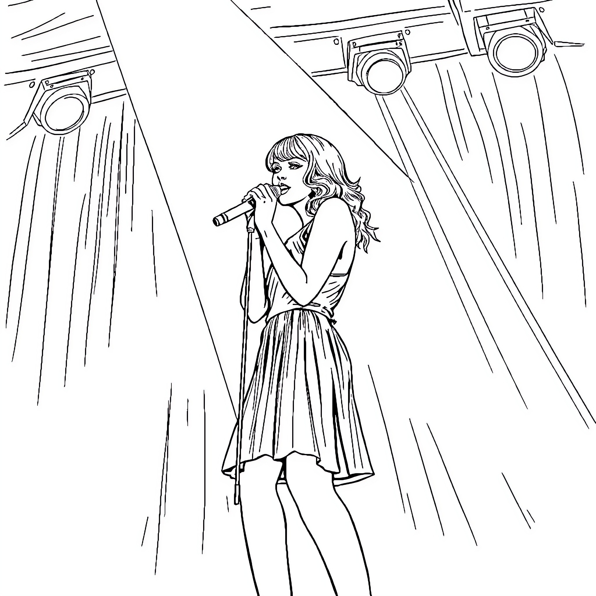 Taylor Swift performing on stage with microphone Coloring Page (free black-and-white line drawing printable PDF for all, from beginners to advanced learners, including children, teens, adults, and seniors)