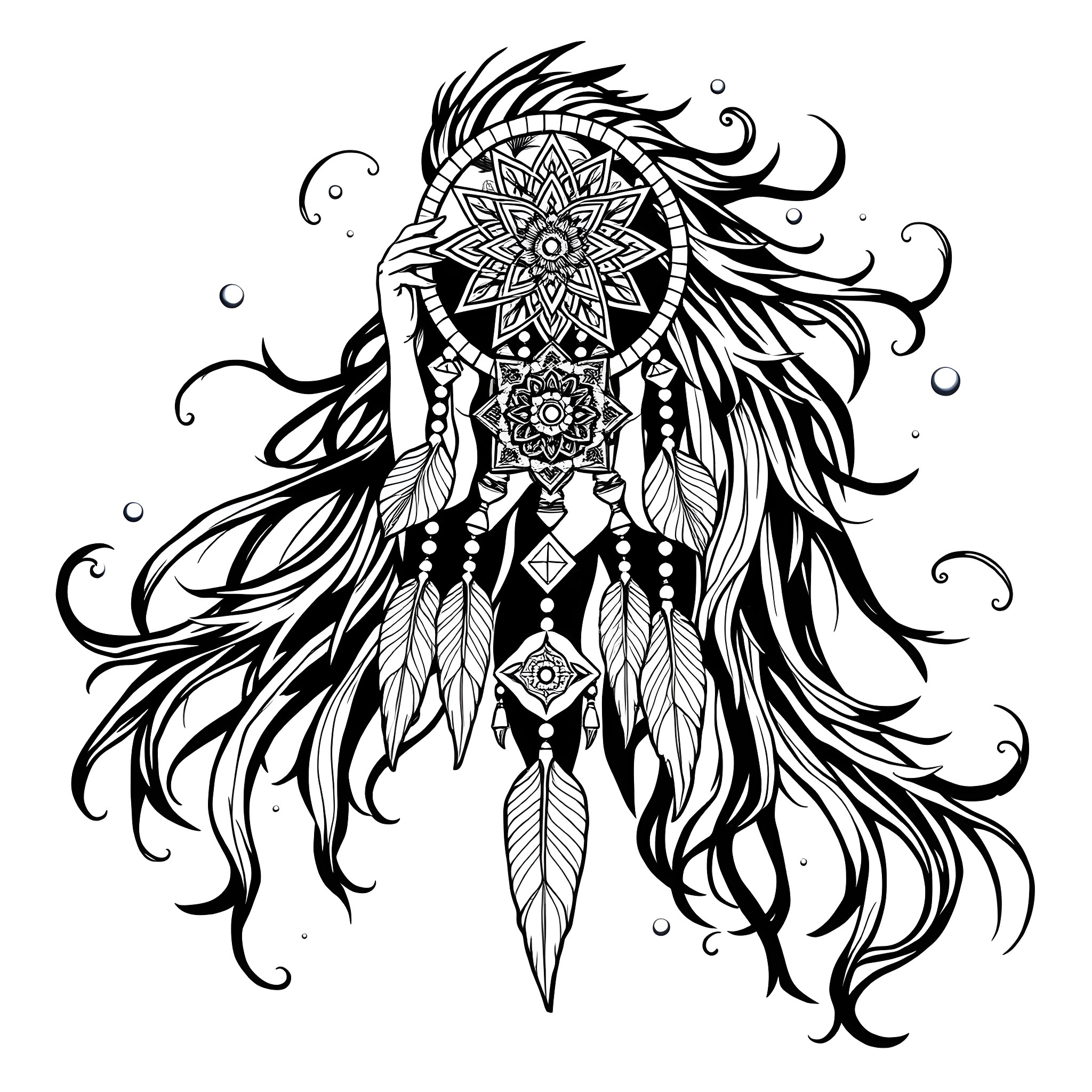 Great Spirit Dreamcatcher with Feathers and Mandala Symbols Coloring Page (free black-and-white line drawing printable PDF for all, from beginners to advanced learners, including children, teens, adults, and seniors)